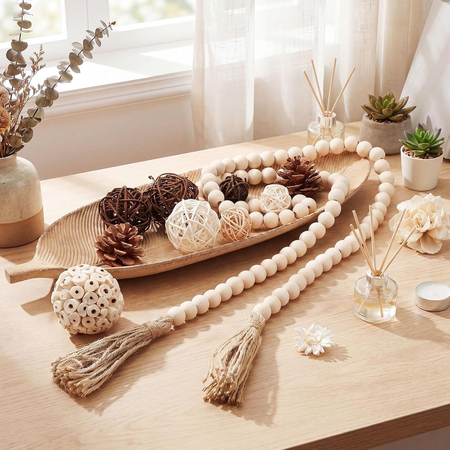 Wicker Rattan Balls Beads String / Rustic / 16 Inch / Set of 14
