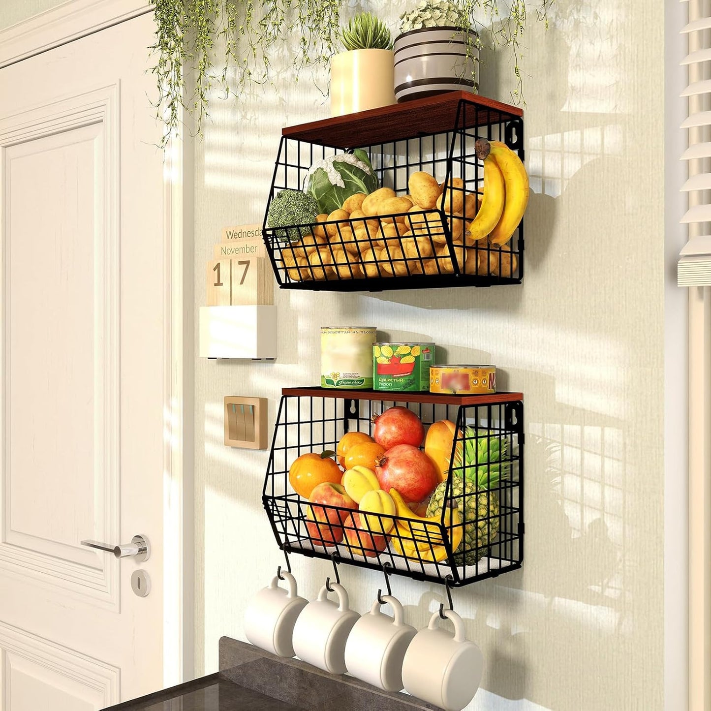 Stackable Wall Basket Fruit Basket / Brown / Large X2 / Set of 2