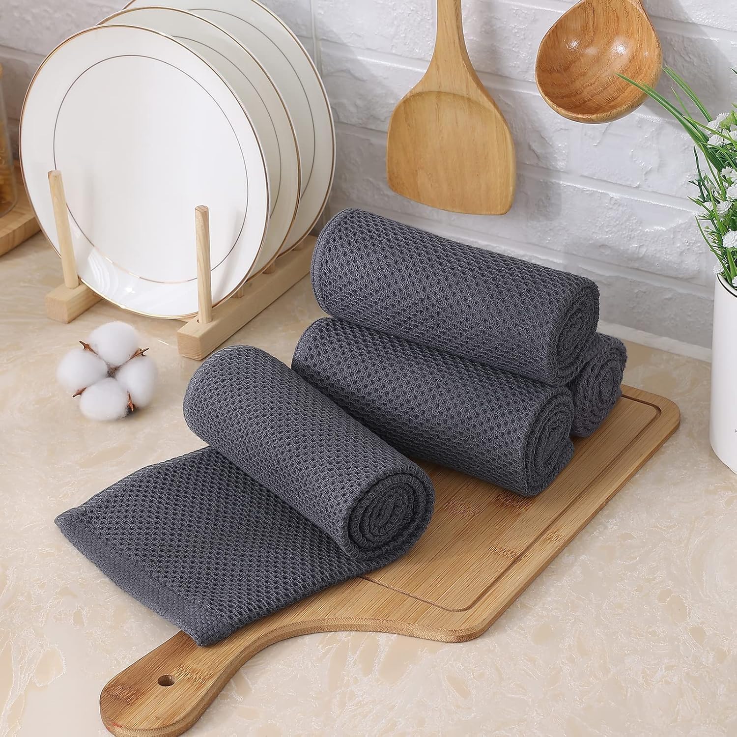 Kitinjoy 100% Cotton Waffle 12-Pack Kitchen Towels, 13" x 28", Dark Grey | Super Soft, Ultra-Absorbent, Fast Drying