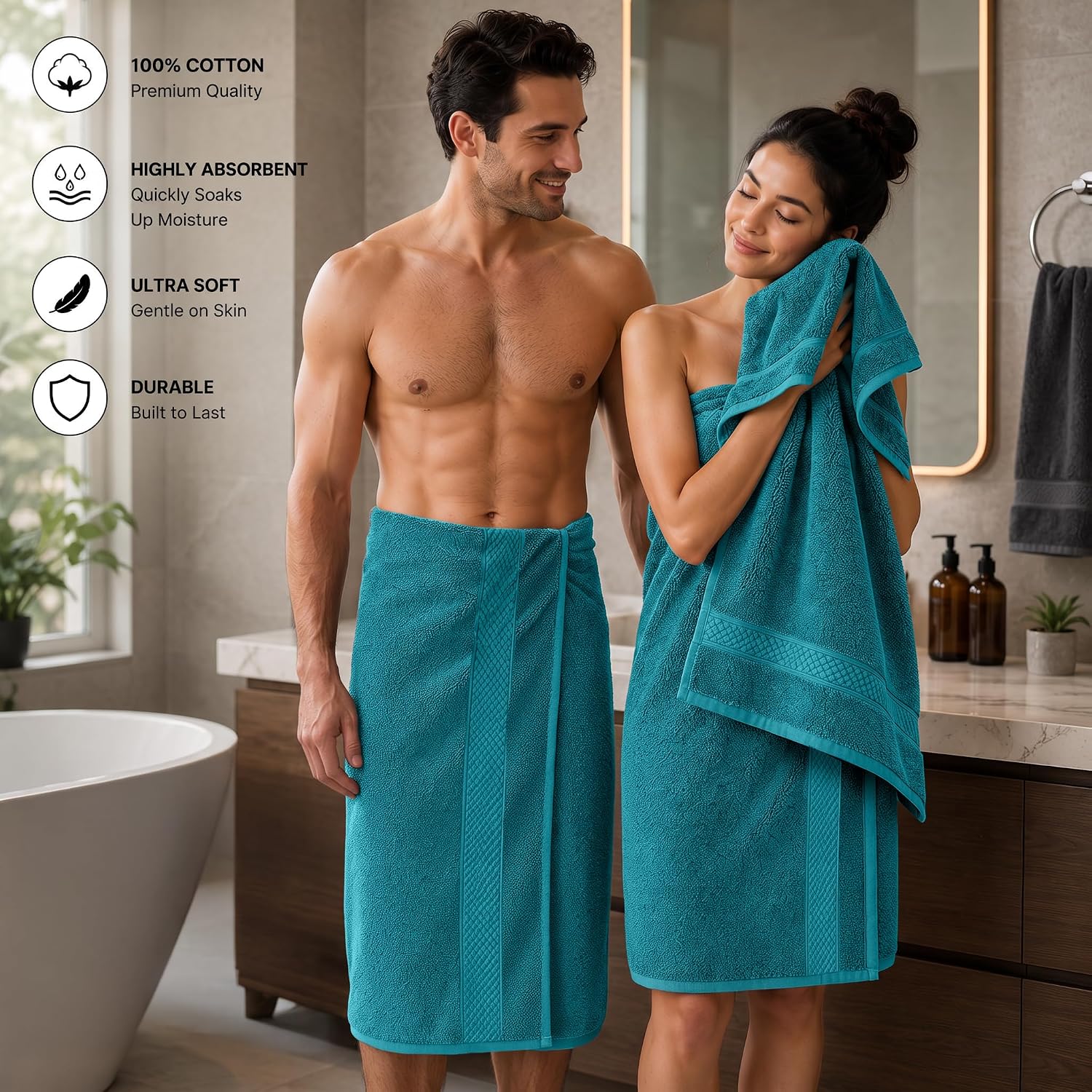 DAN RIVER 600 GSM Cotton Large Bath Towels Set of 4, 27 x 54 Inches, Teal | Larger & Lighter Weight Towels for Bathroom