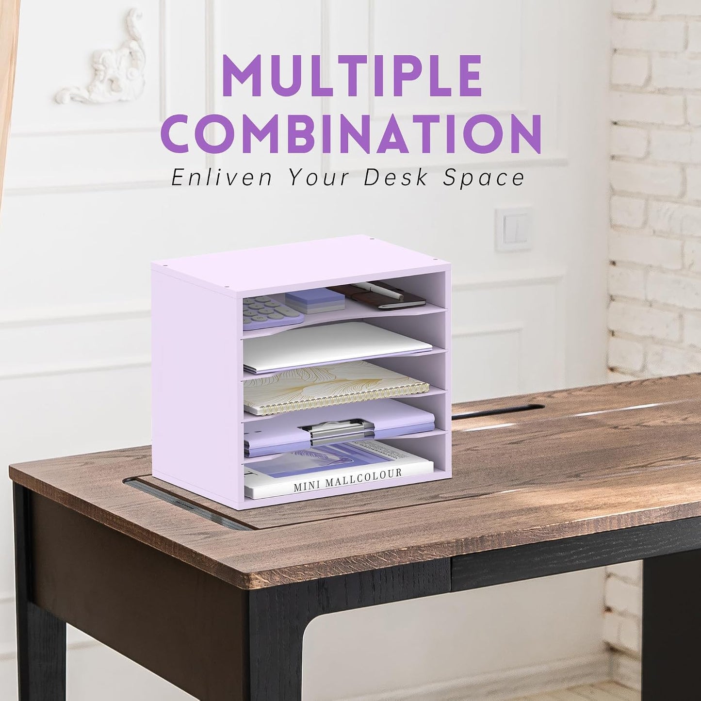 5 Tier Wood Desk Organizer, Paper Organizer for Desk, Purple | Wooden Desktop Organizer for Sorting Papers, Letters and