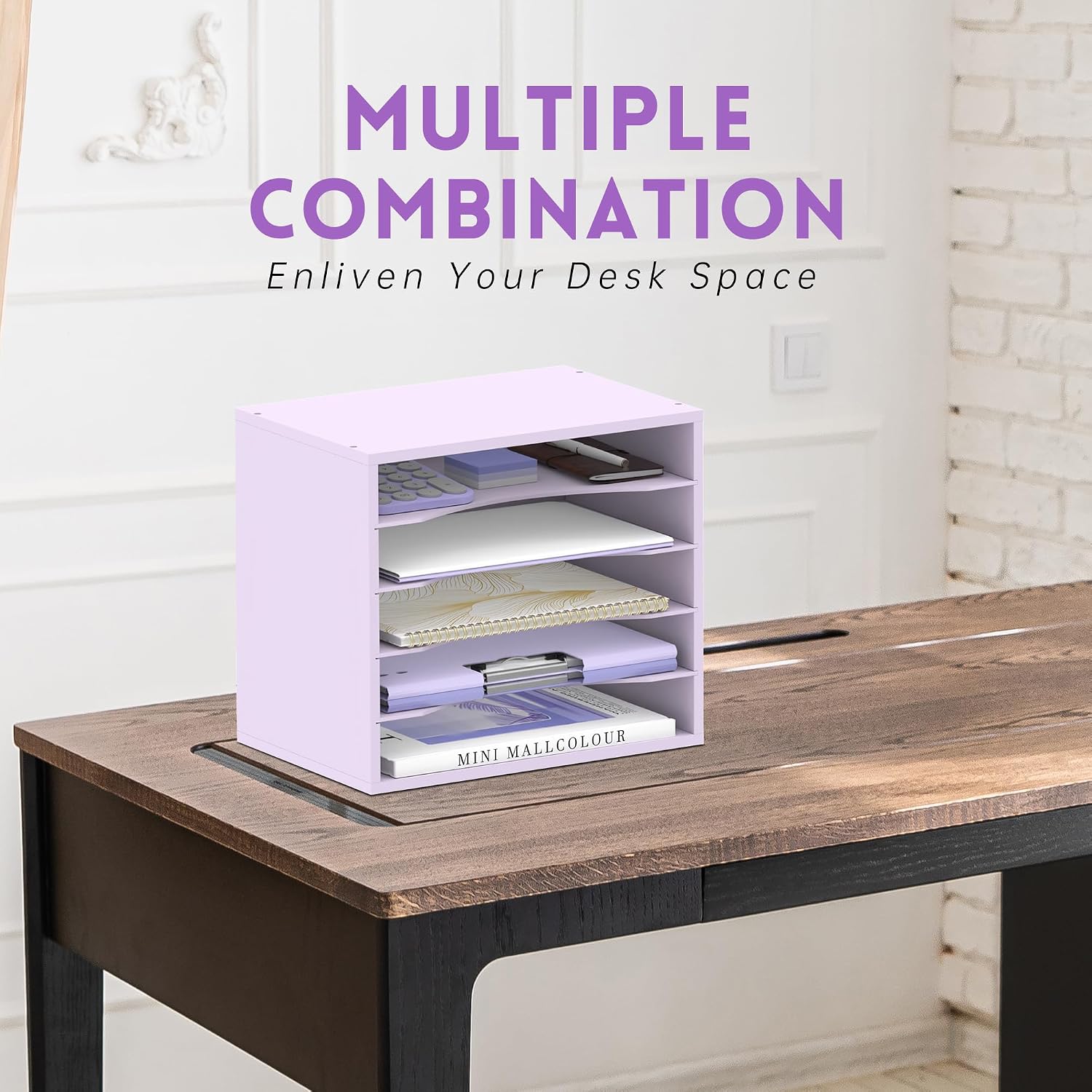 5 Tier Wood Desk Organizer, Paper Organizer for Desk, Purple | Wooden Desktop Organizer for Sorting Papers, Letters and