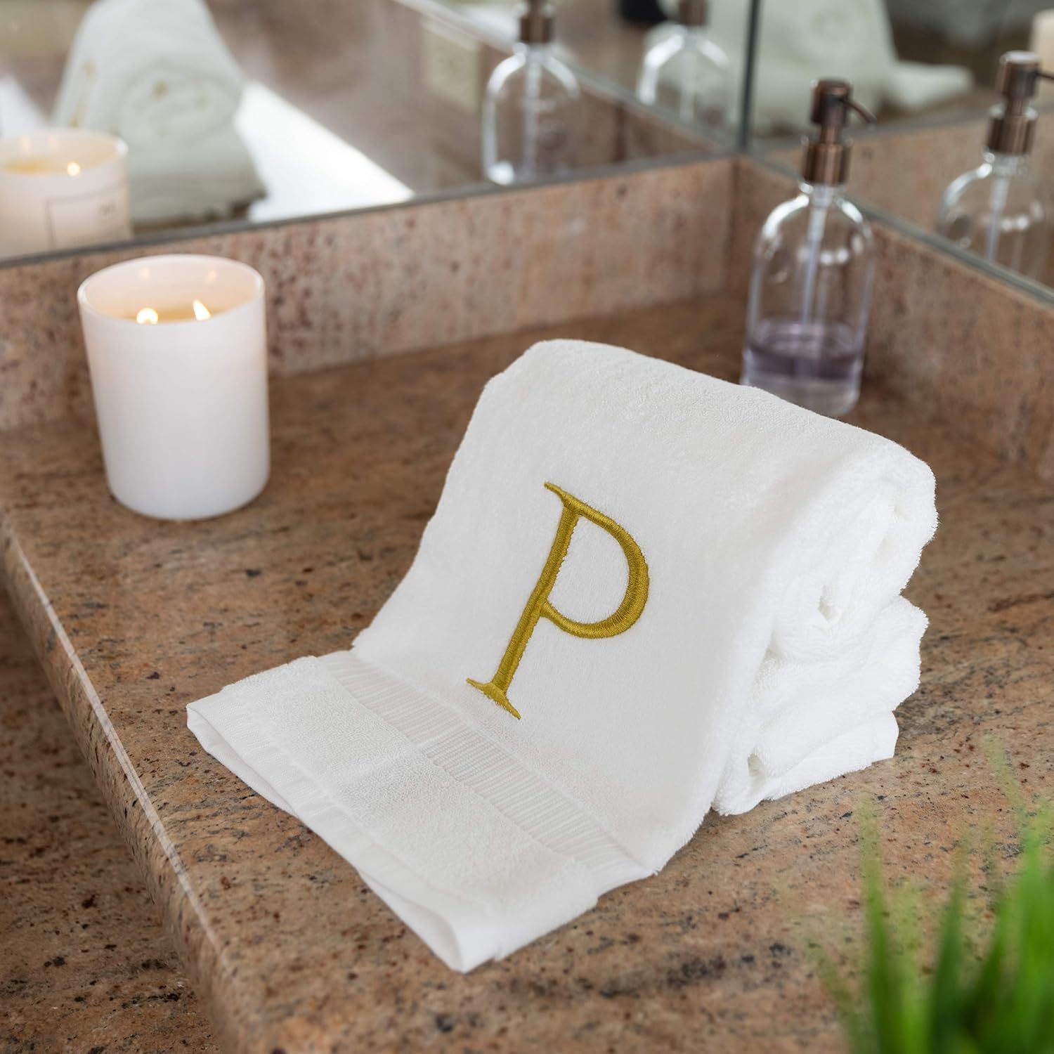 White with Gold Monogrammed Hand Towels for Bathroom - Set of 2 Letter P | Luxury Hotel Quality Initial Towels For