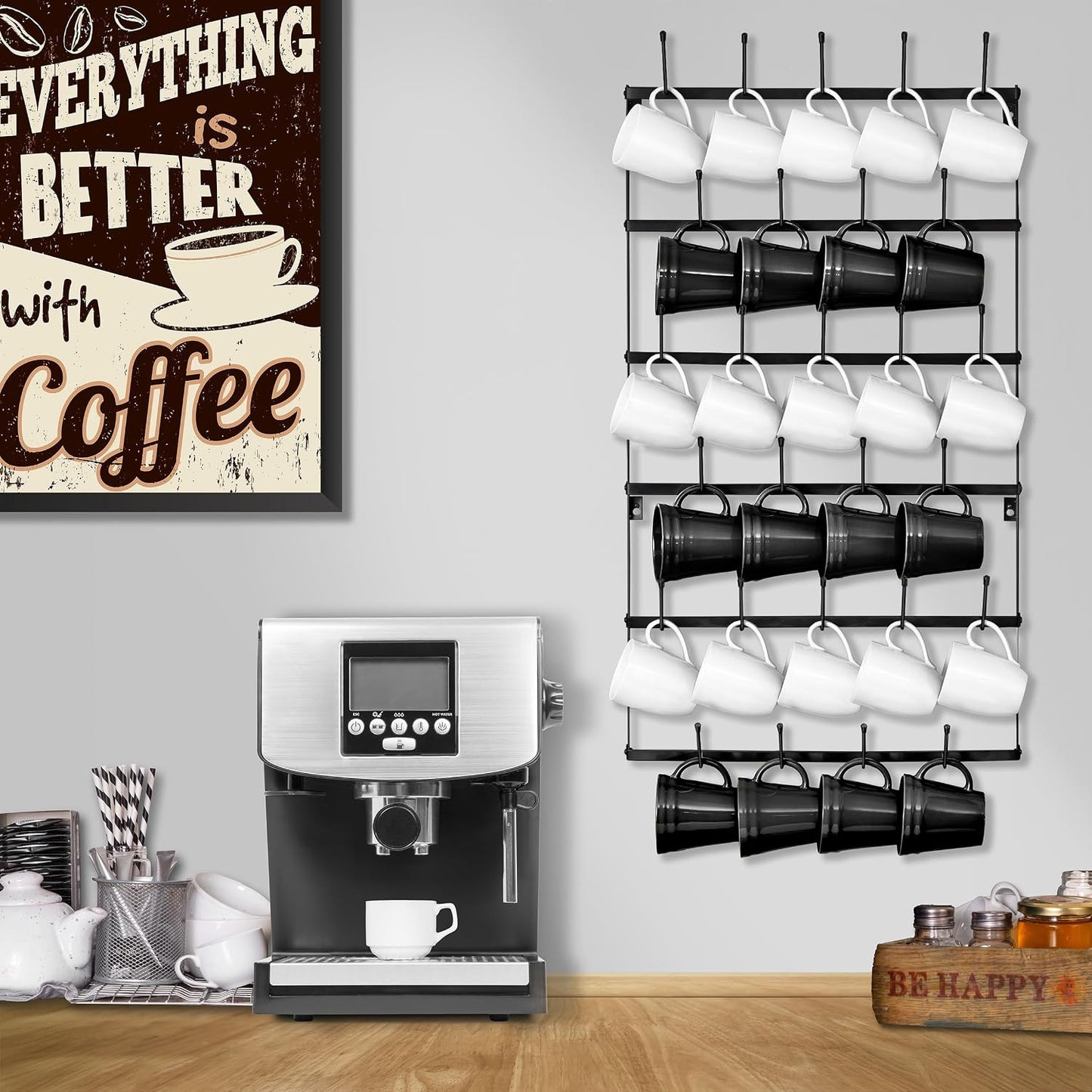 Sorbus Wall Mug Rack, Coffee Mug Display for Coffee Station (Large, Black) | Rustic six-tier metal holder with hooks