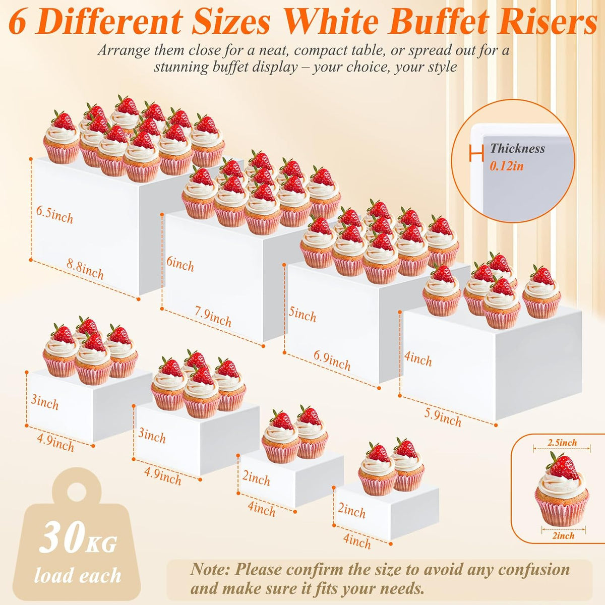 8 Pcs White Buffet Risers with Mini Table Sign, Serving Tongs, Acrylic Food Risers for Buffet Table Display Stand Shelf