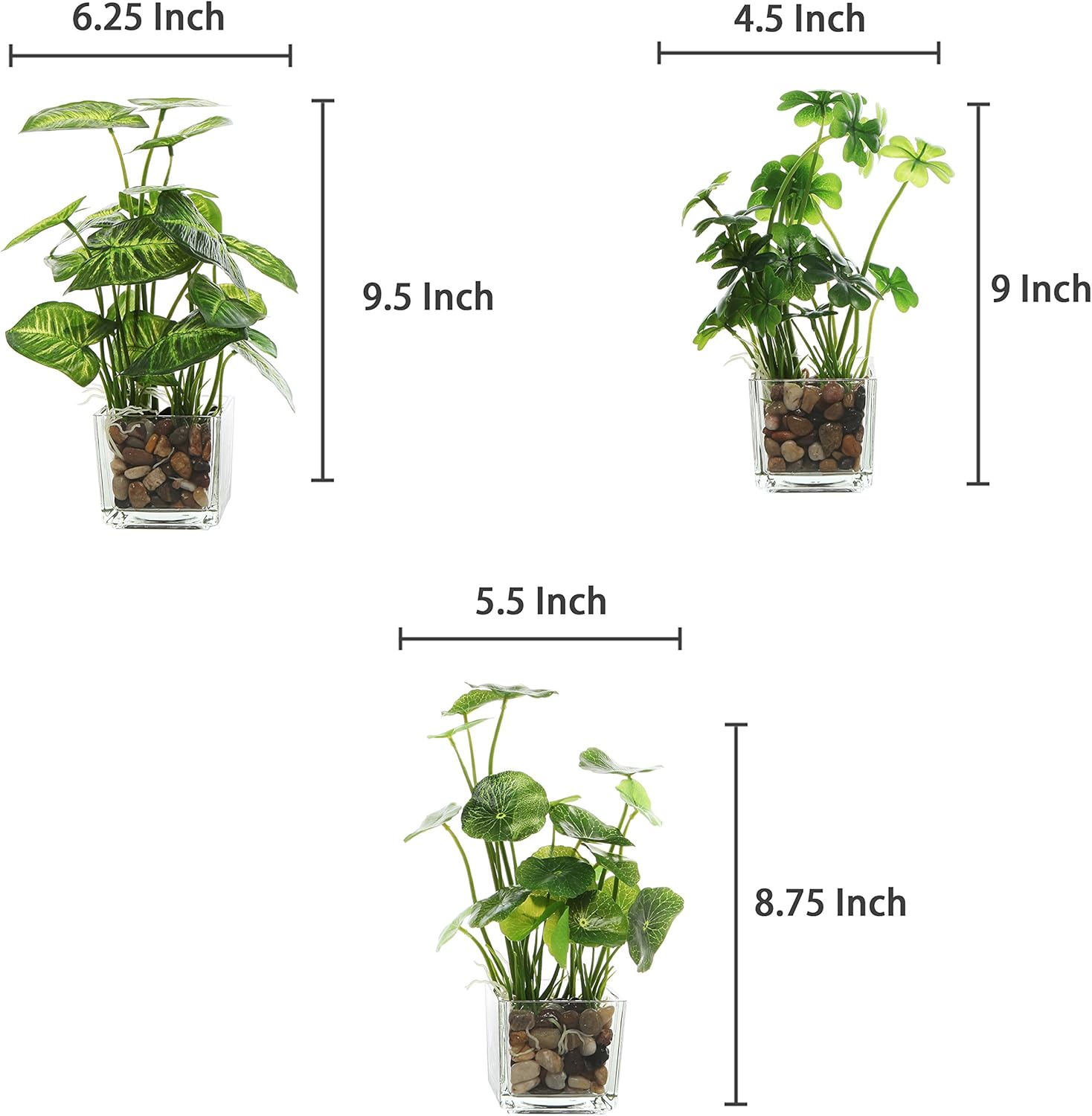 Faux Plant / Small Artificial Potted Plants Indoor in Glass Pot / Clear / 9.5 Inch / Set of 3