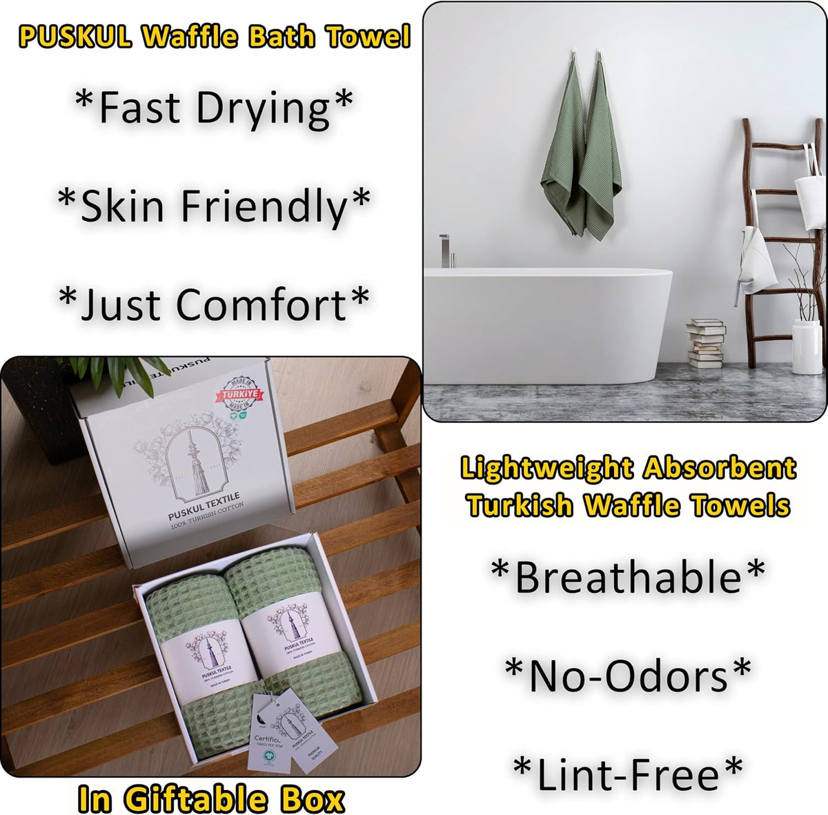 PÜSKÜL Natural 100% Turkish Cotton Waffle Bath Towels Set of 2, Extra-Large | Sage Green, Oversize 32x63" Bath sheet
