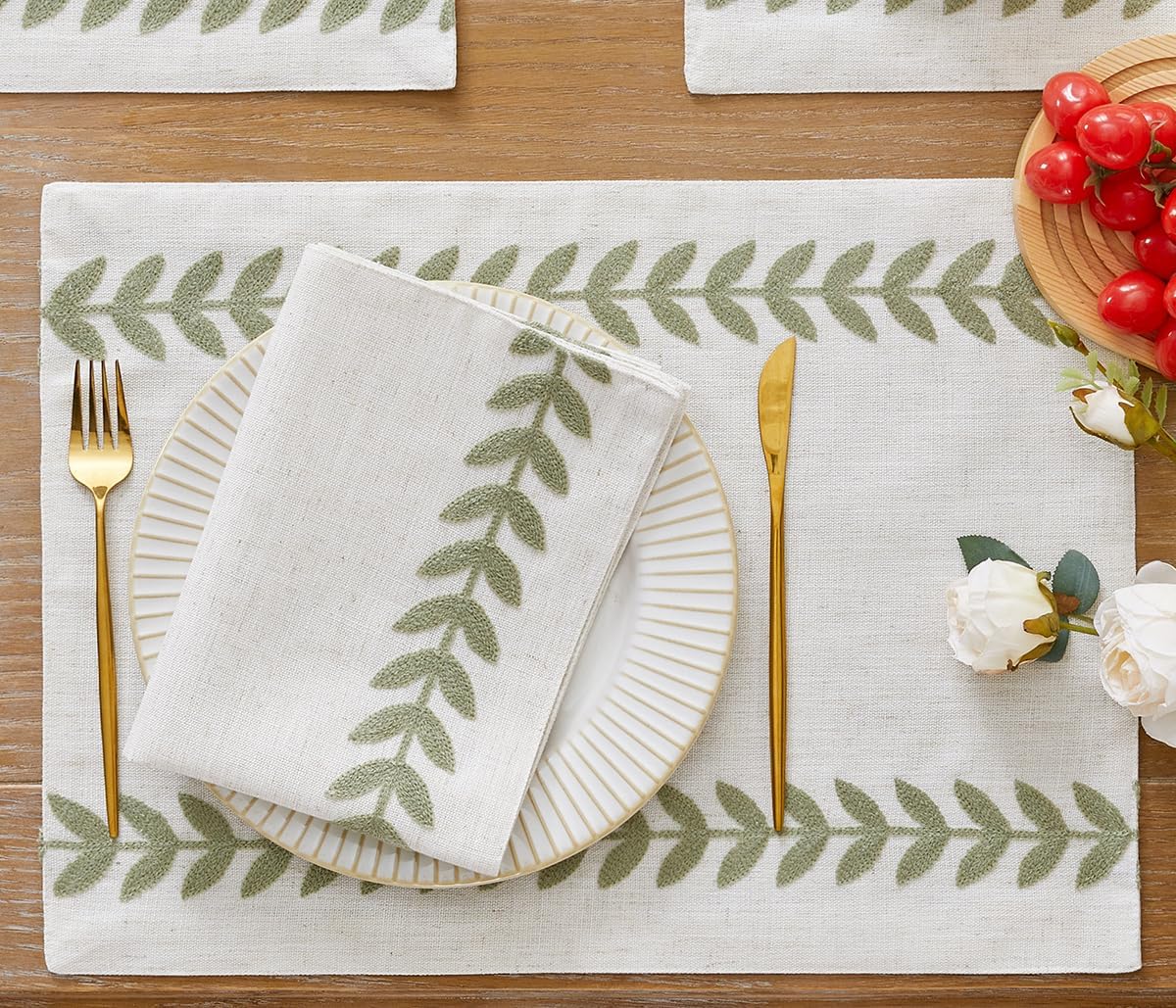 Wracra Embroidered Place Mats, Sage Green Rustic Placemats Set of 6 | Macrame Placemats 12 x 18 Inch; Heat Resistant