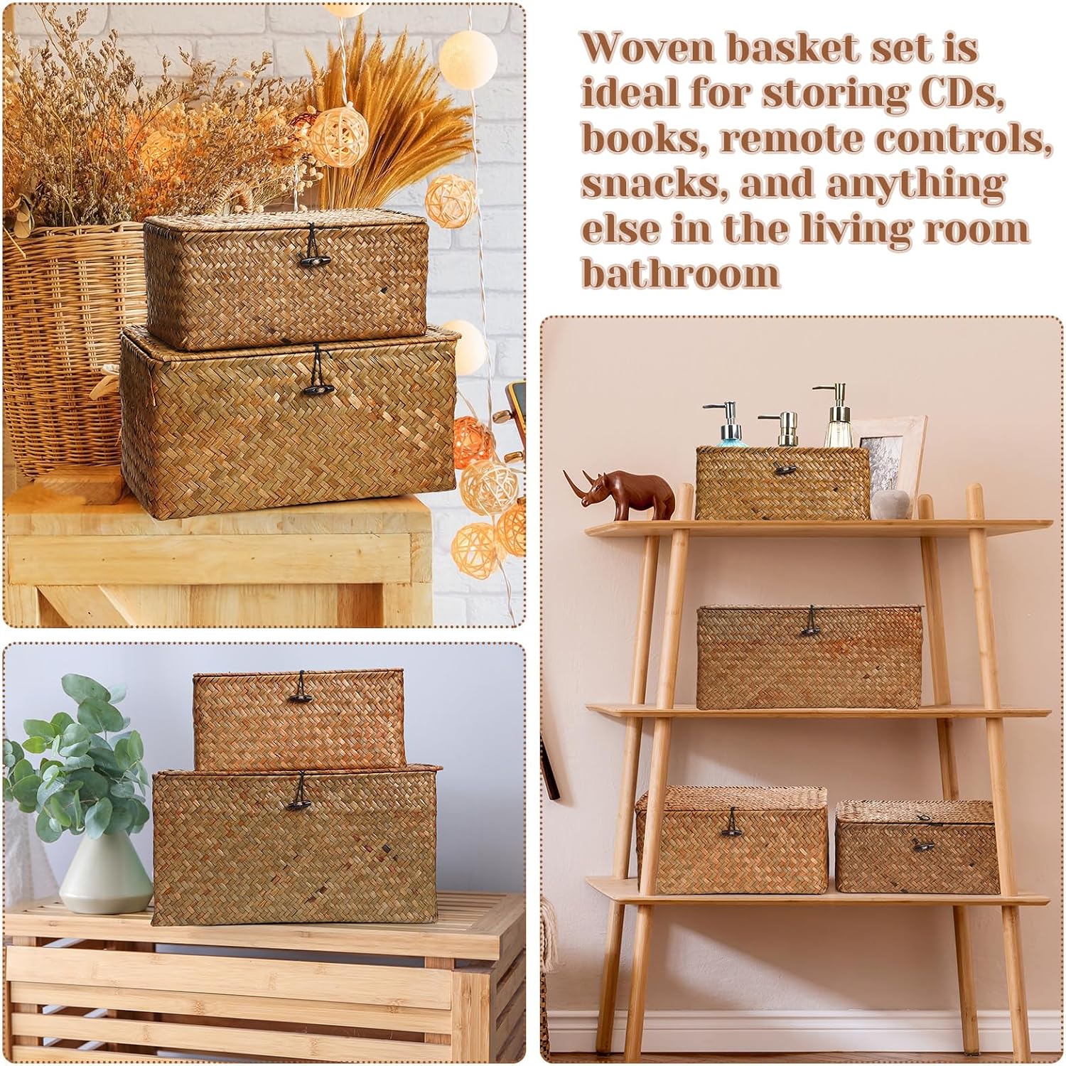 Seagrass Basket / Lids Bin Woven Organizer / Dark Brown / Classic Style / Set of 6