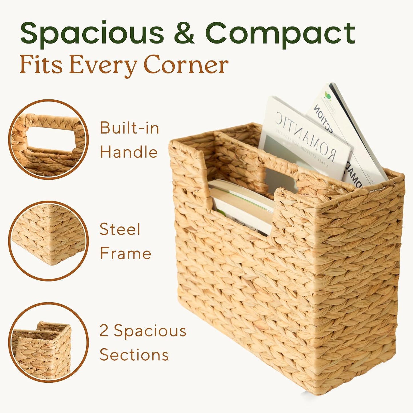 Wicker Magazine Basket Water Hyacinth Handwoven Magazine Holder | Decorative Handwoven Magazine Rack Floor, Organizer