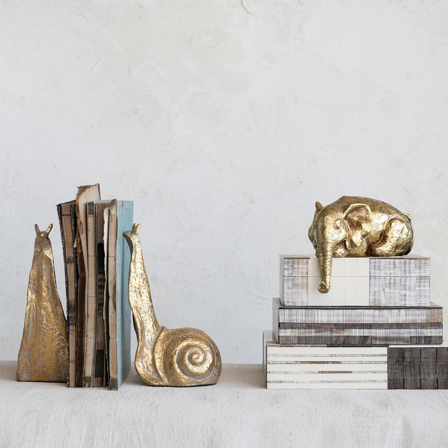 Decorative Distressed Cast Metal Snail Bookends / Gold