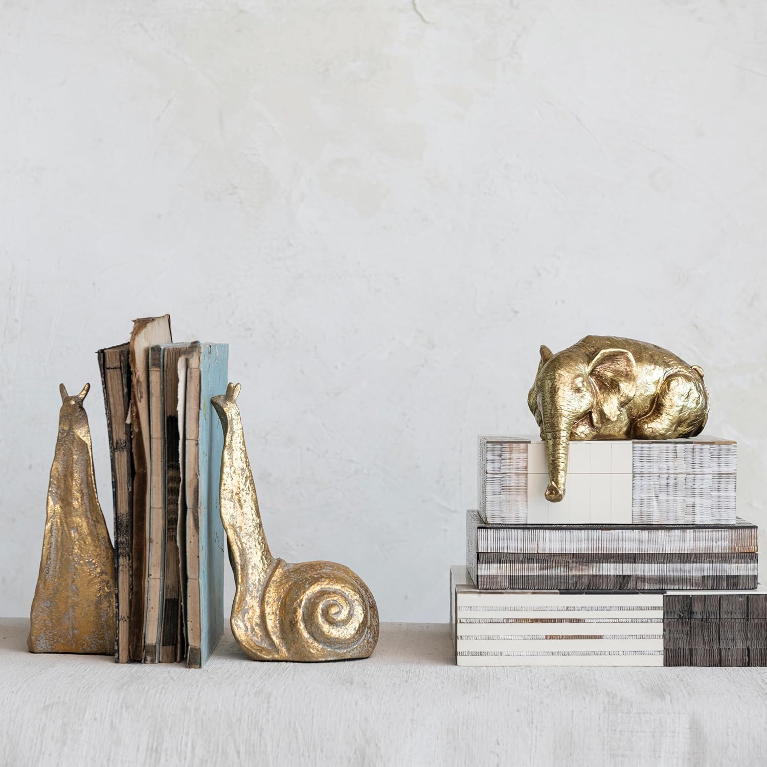 Decorative Distressed Cast Metal Snail Bookends / Gold