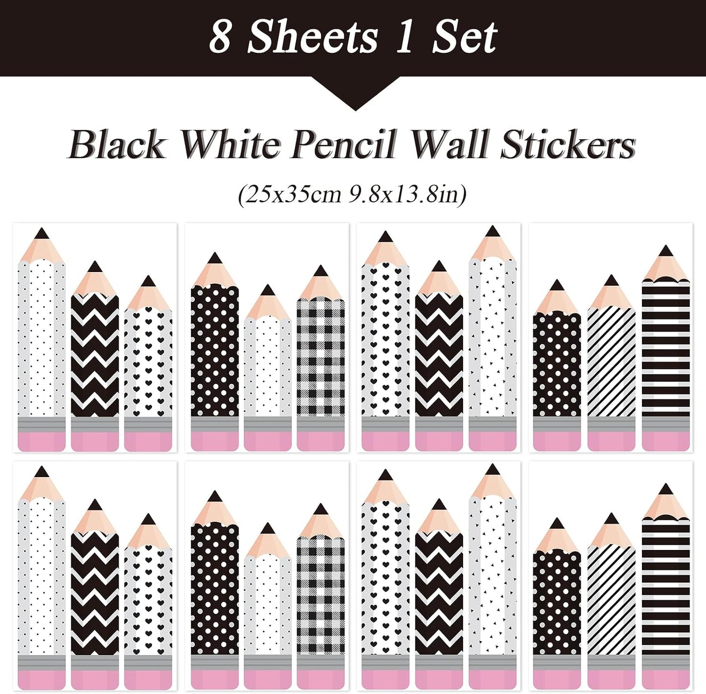 8 Sheet Wall Decals Minimalist Pencil Peel and Stick Wall Decals Self Adhesive / Black White Pencil