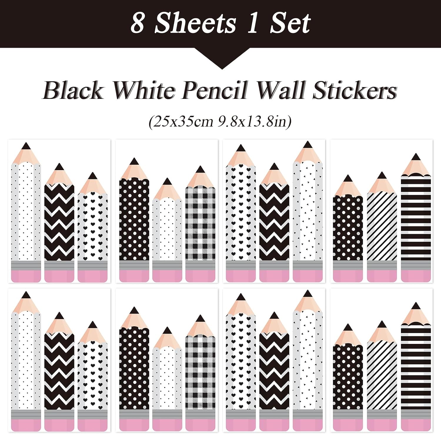 8 Sheet Wall Decals Minimalist Pencil Peel and Stick Wall Decals Self Adhesive / Black White Pencil