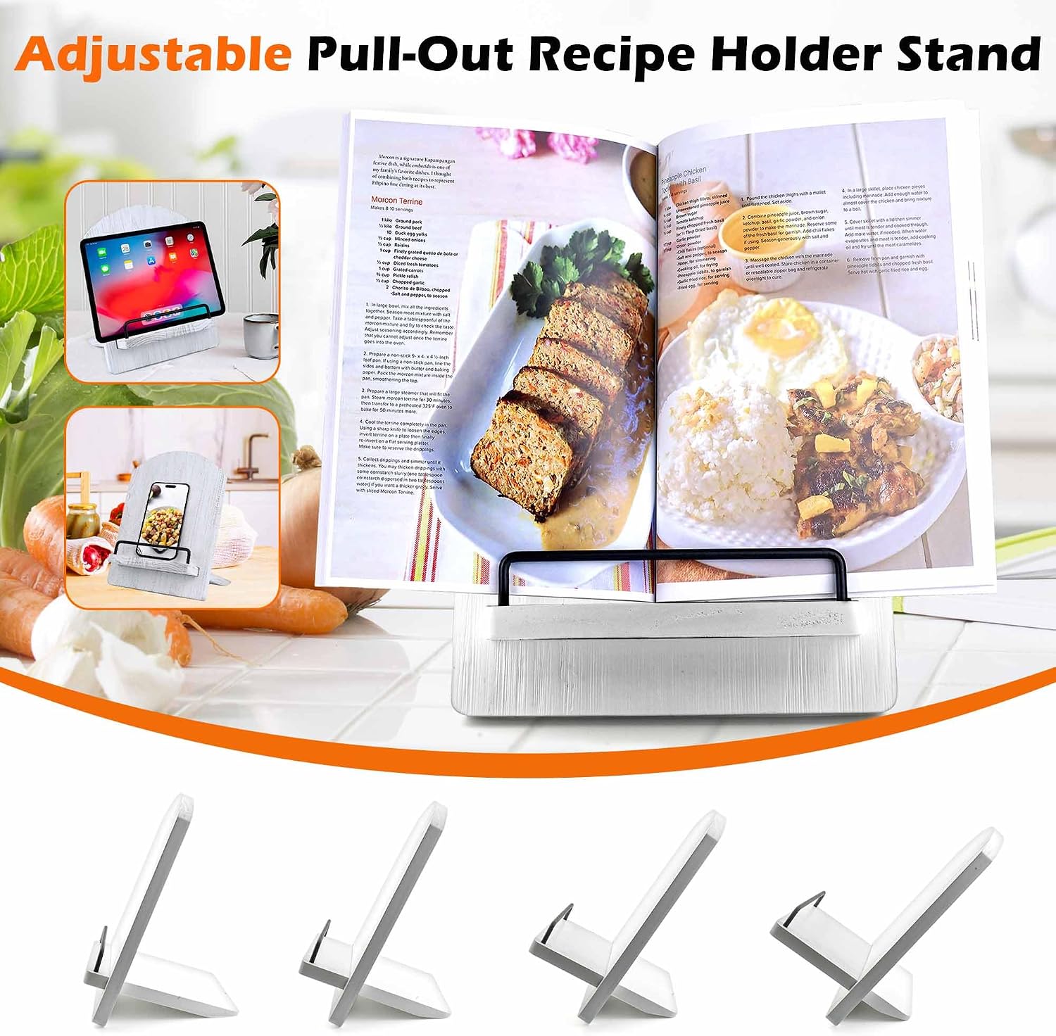 White Farmhouse Cookbook Stand: Wood Recipe Holder for Kitchen Counter | Sturdy Solid Wood Stand with Metal Page Clips