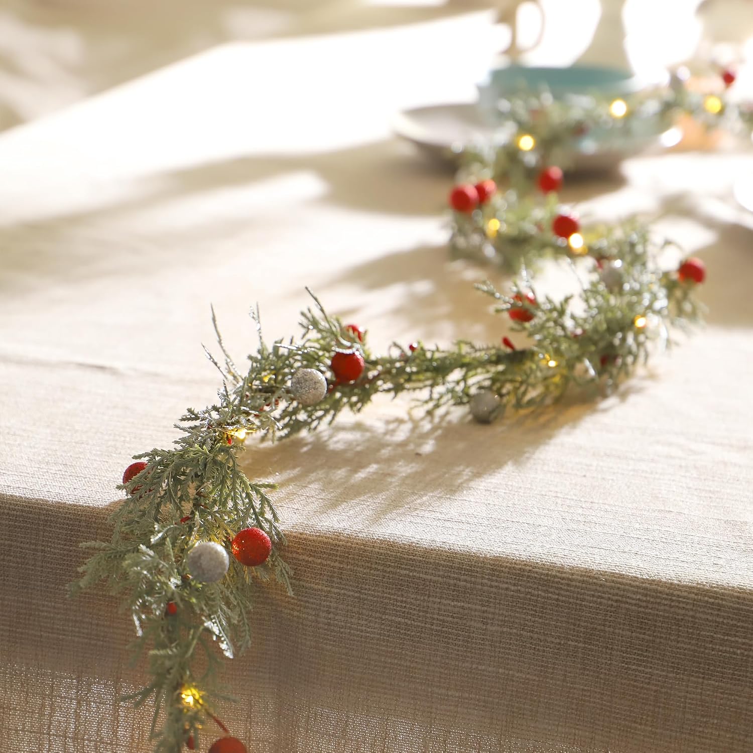 MIYA LIFE Cedar Leaf String Lights & Red/Silver Berry 6.5FT & 25LEDs Lush Christmas Garland with Lights Battery