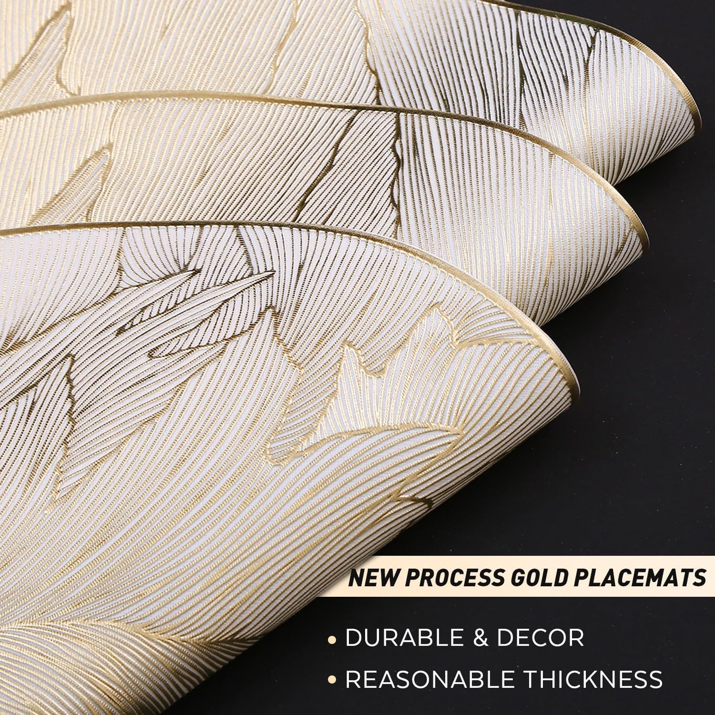FAVE 12PCS Gold Feather Placemats, Round Vinyl, Non-Slip & Wipeable, 15" | Shimmering Metallic Gold Table Decor for