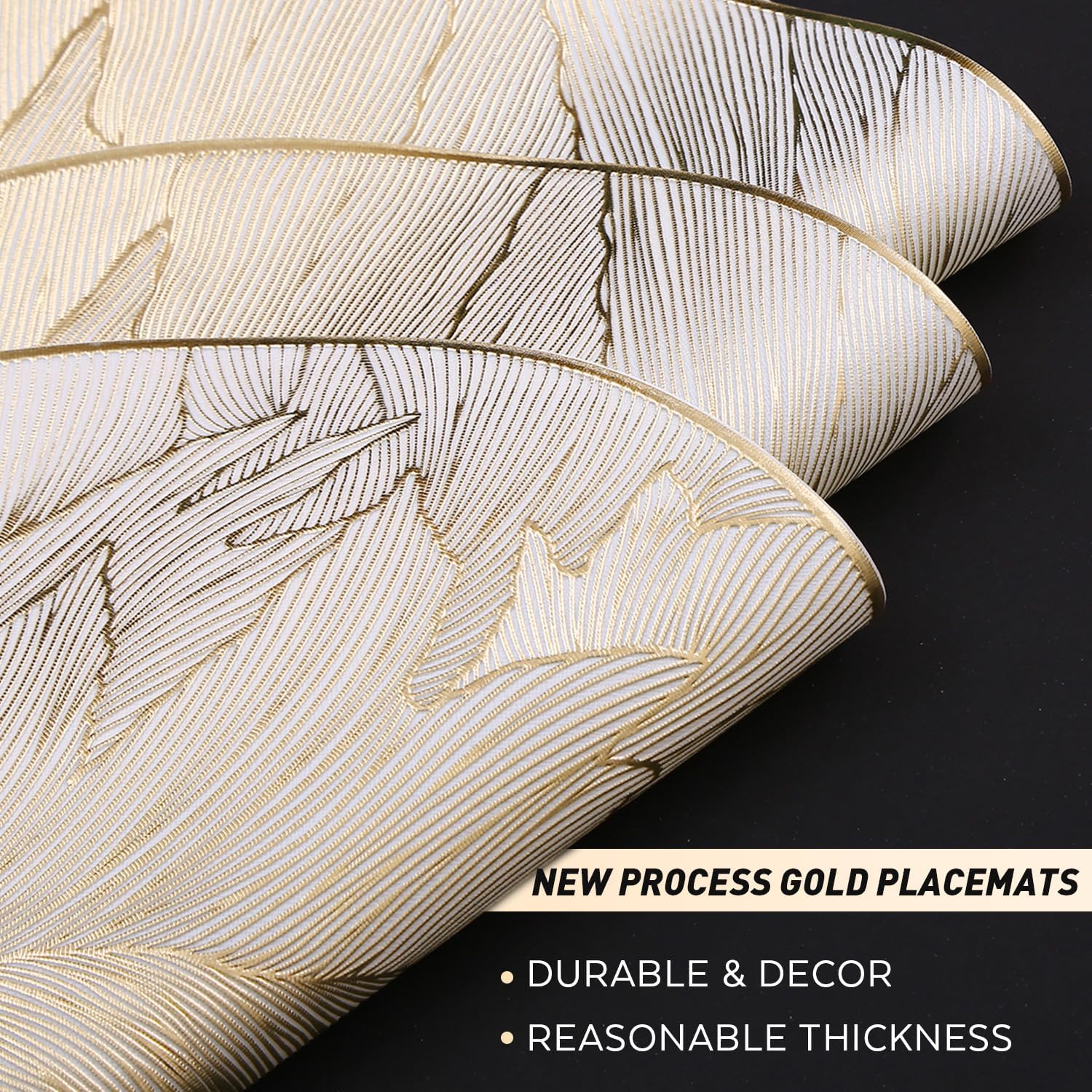FAVE 12PCS Gold Feather Placemats, Round Vinyl, Non-Slip & Wipeable, 15" | Shimmering Metallic Gold Table Decor for