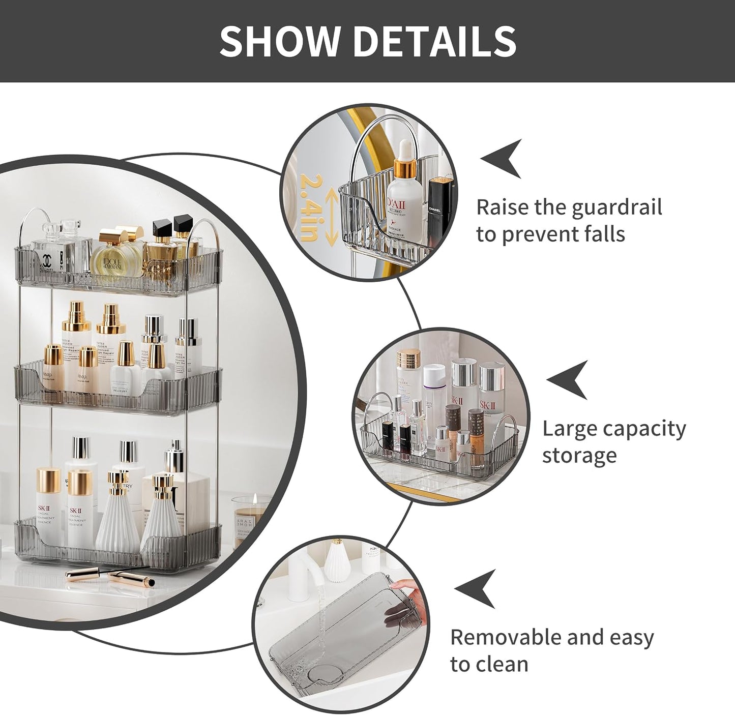 Akinbas 3 Tier Bathroom Organizer Countertop Makeup Perfume Tray Skincare Organizer for Bathroom Dresser Vanity (Grey)