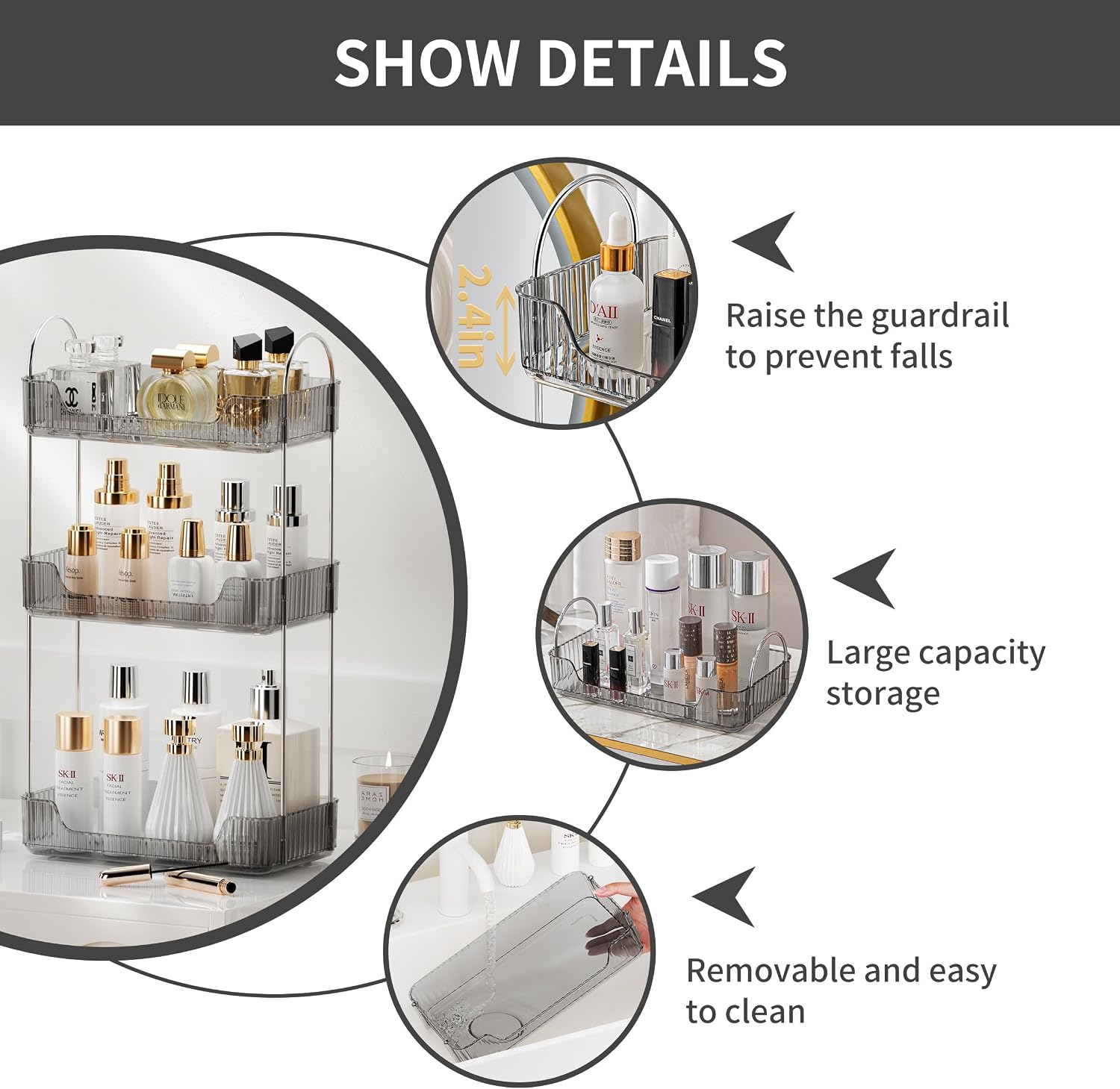 Akinbas 3 Tier Bathroom Organizer Countertop Makeup Perfume Tray Skincare Organizer for Bathroom Dresser Vanity (Grey)