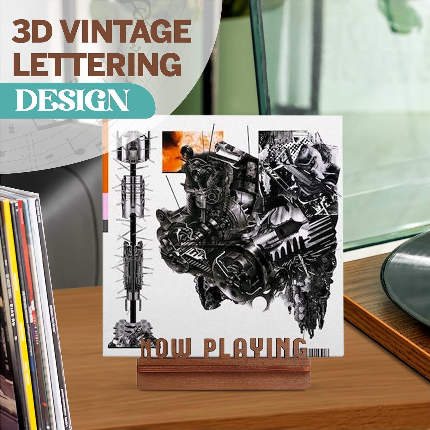 Now Playing Vinyl Stand - 3D Retro Holder for LP Vinyl Records - Wooden Turntable Accessory - Gift Ideas - Album