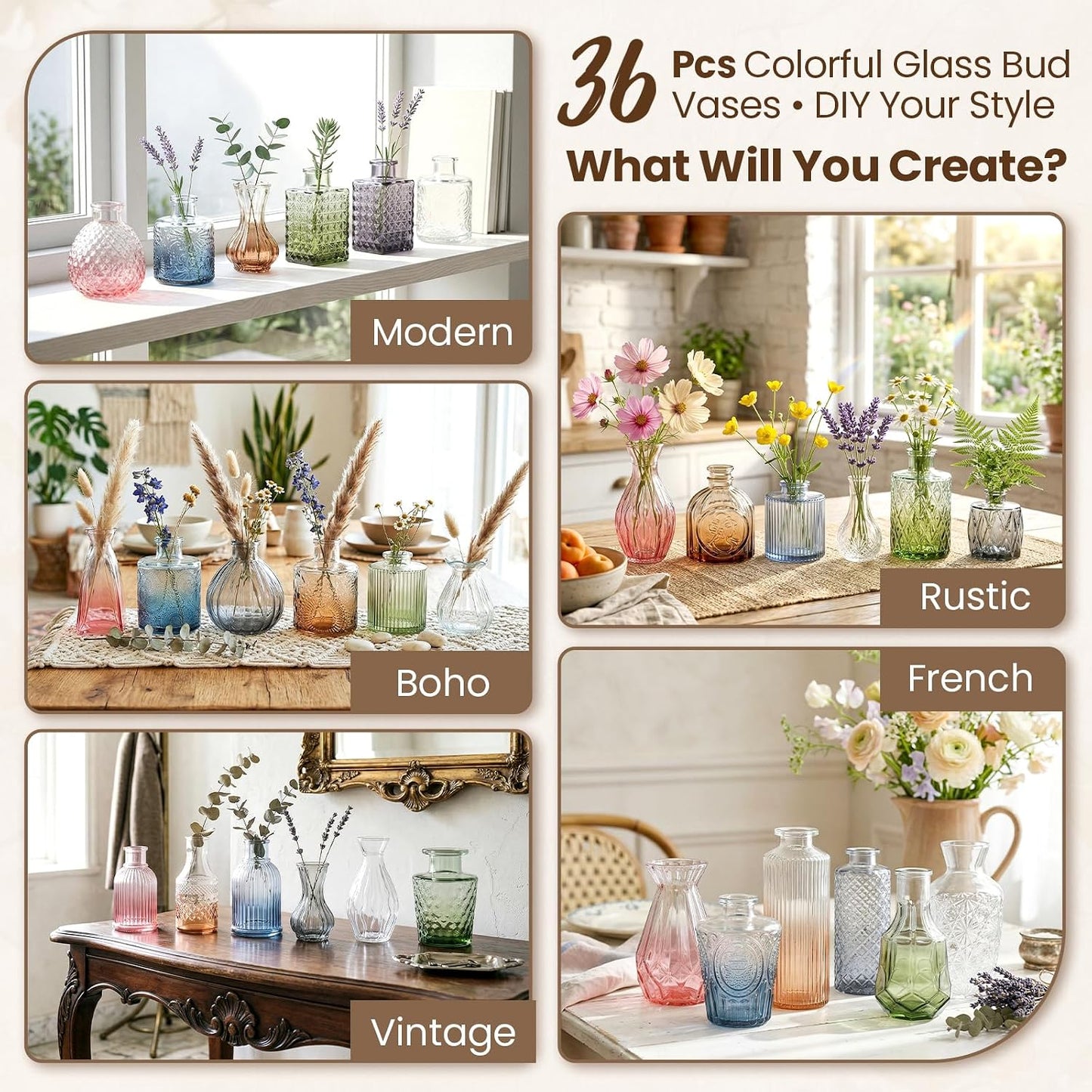 Bulk Colored Glass Bud Vases Set / Colorful / Set of 36