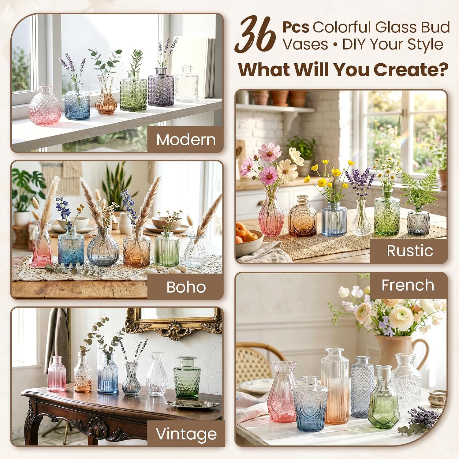Bulk Colored Glass Bud Vases Set / Colorful / Set of 36