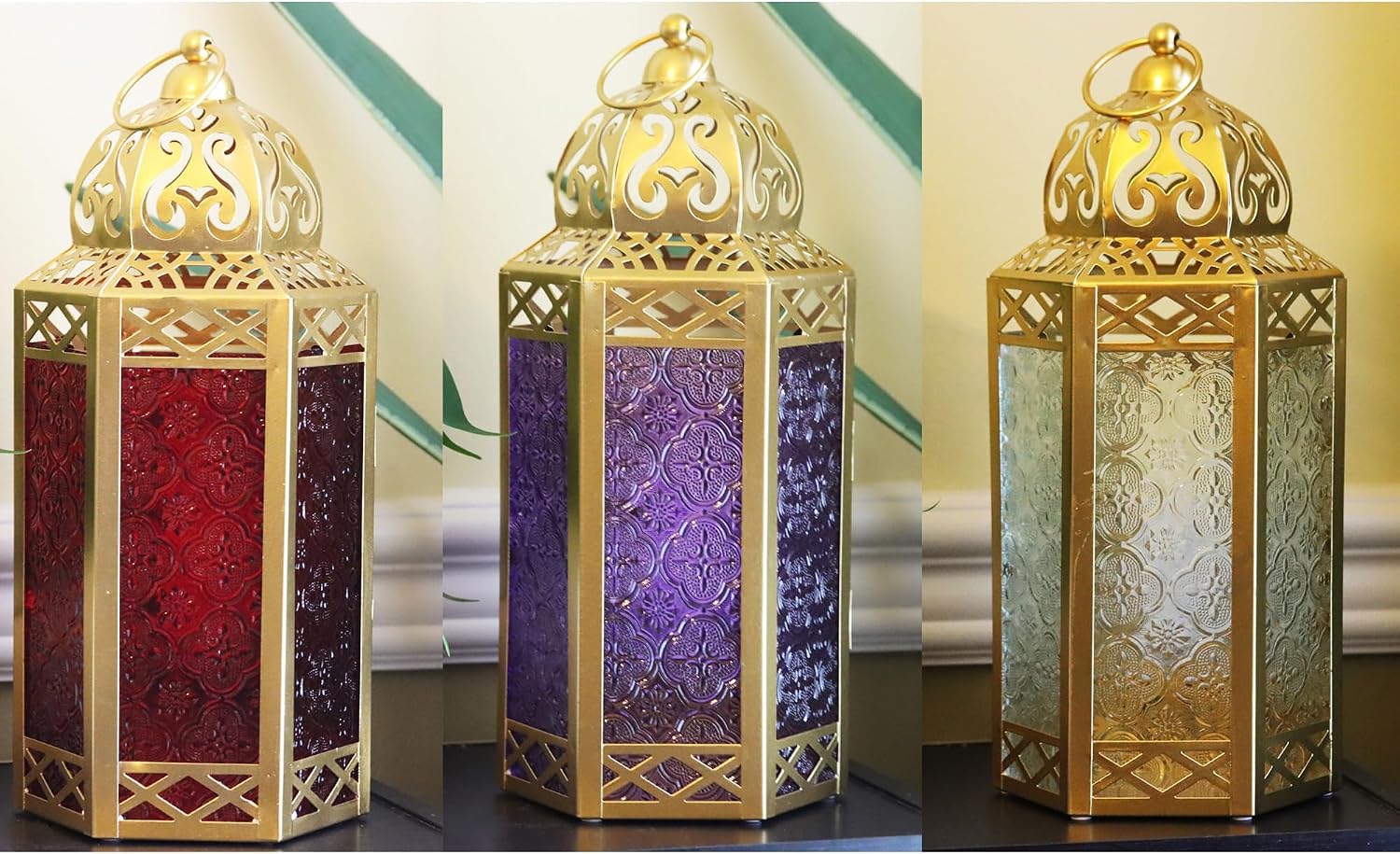 VELA LANTERNS 12" Gold Metal Moroccan Decorative Candle Lantern Holder for Hanging or Table Centerpieces, Exotic Indoor