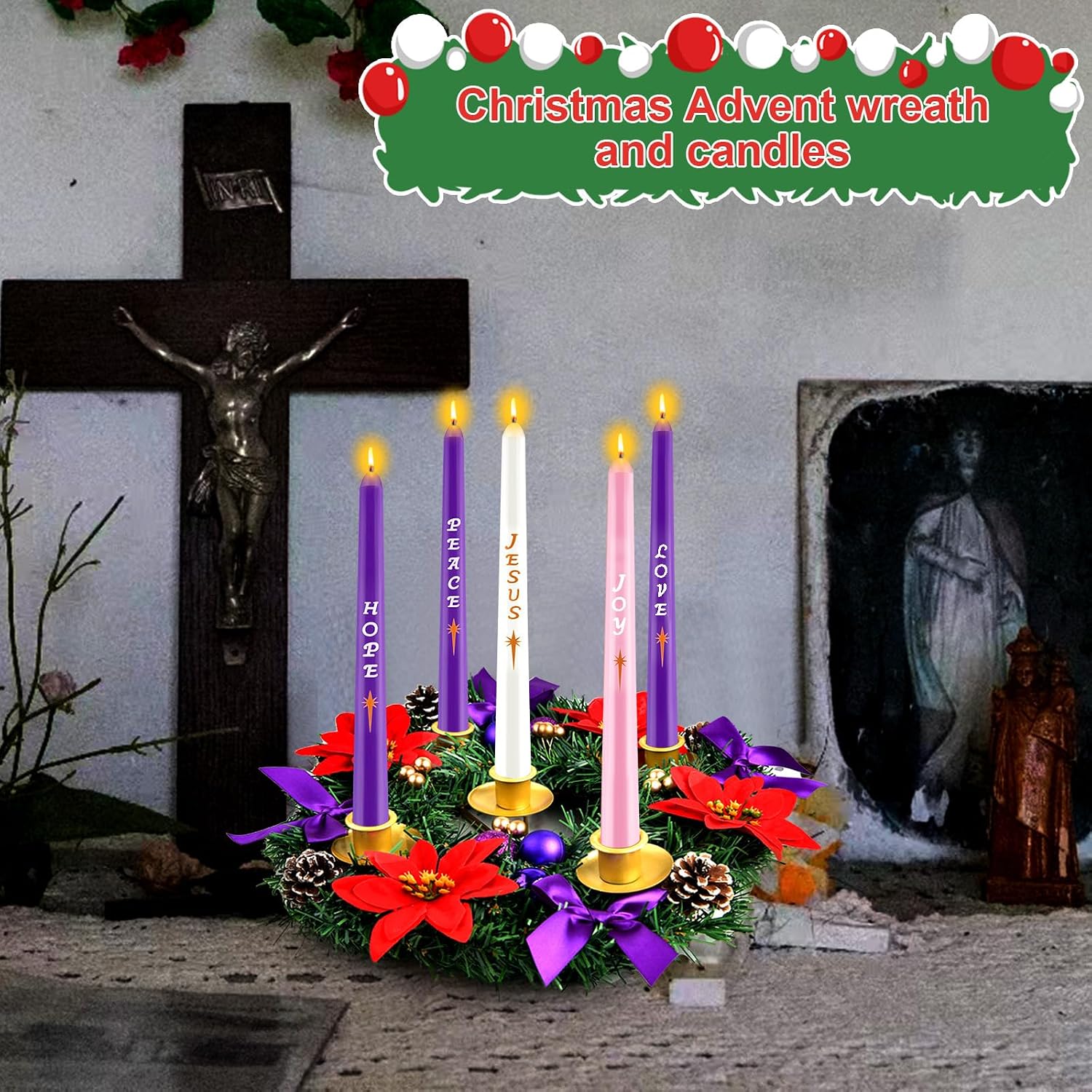 12in Christmas Advent Wreath 5 Candle Holder With Metal Cups For Taper Candles Advent Wreath And Candles Set Safety