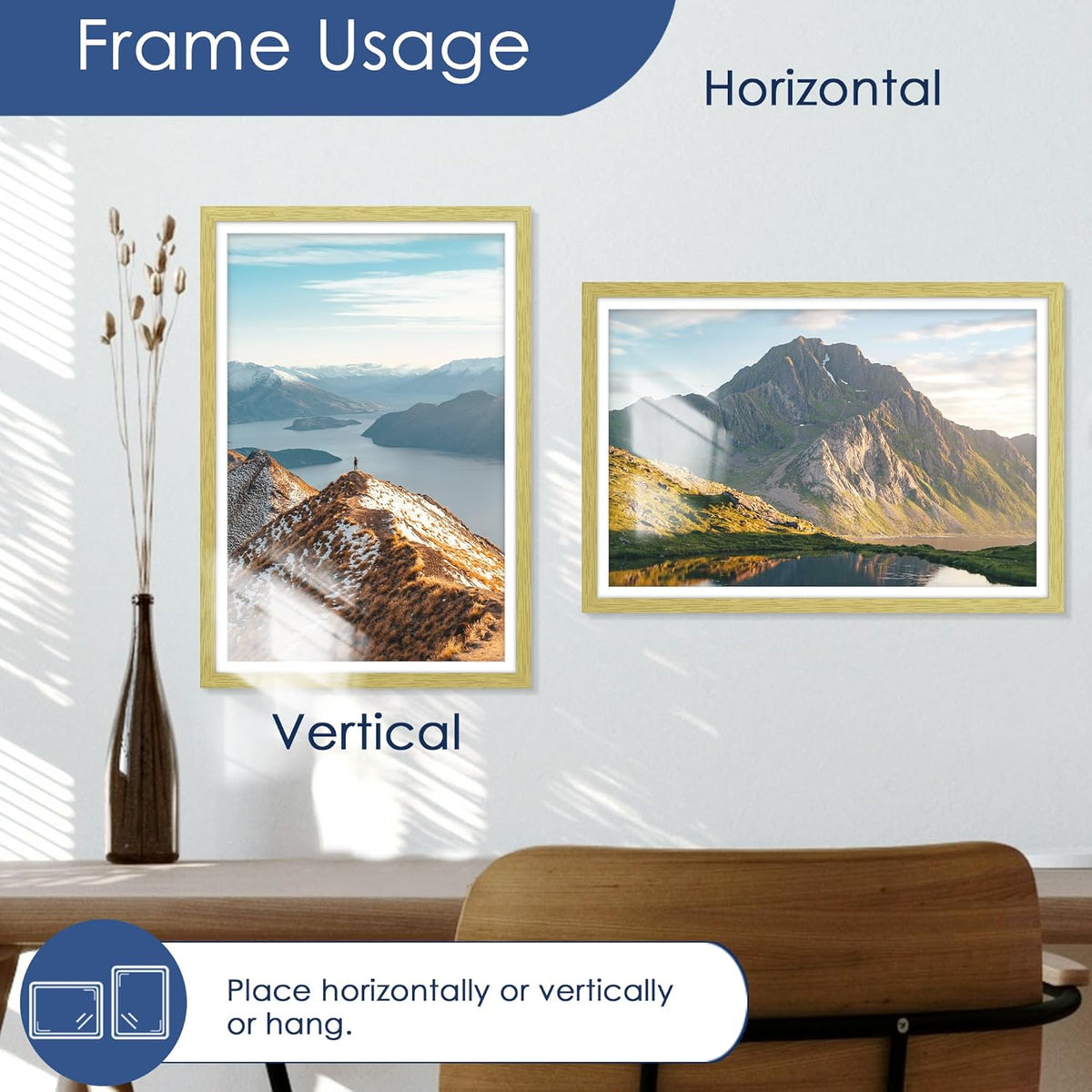 12x18 Picture Frame Set of 6, Wall Mount Display, Gold | Display Pictures 11x17 with Mat or 12x18 Without Mat