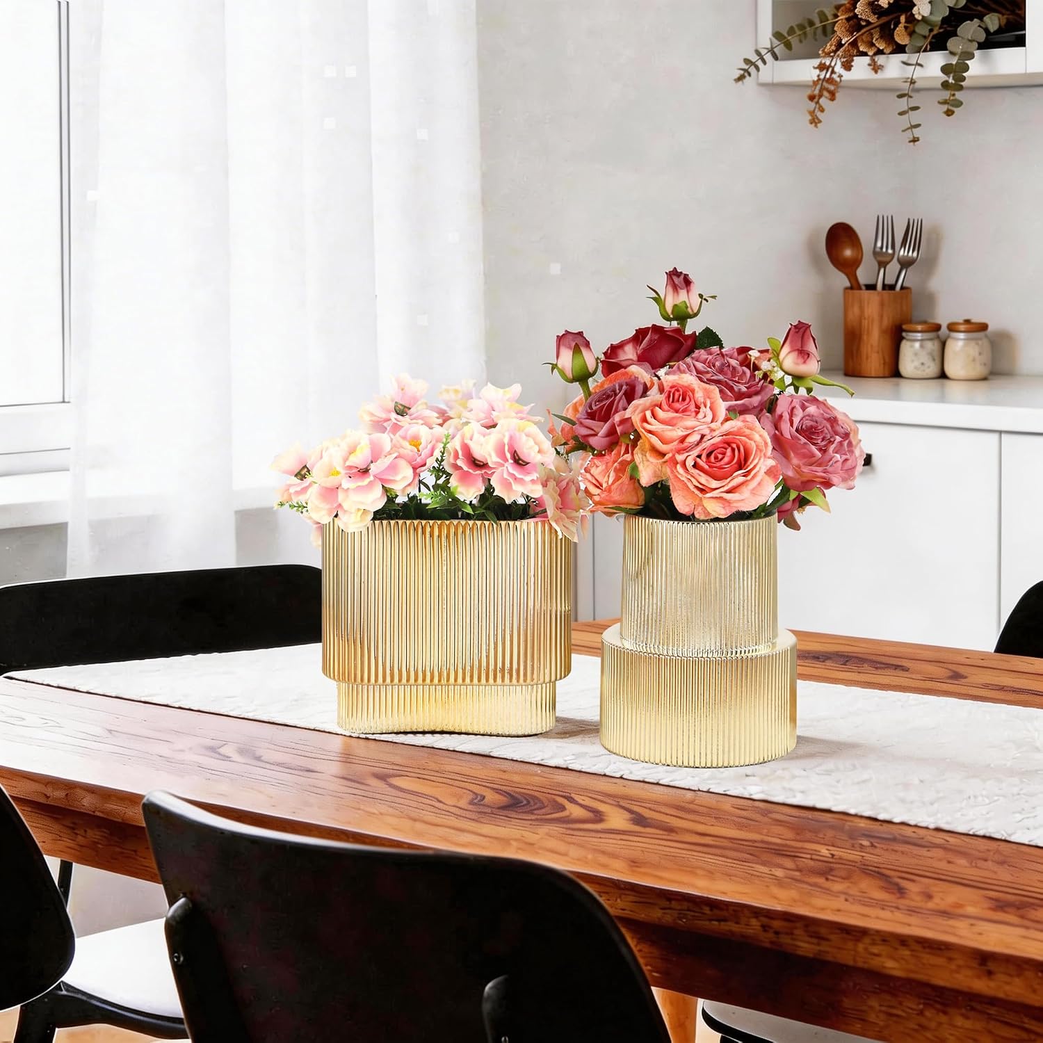 Glass Vases / Modern Glass Vase / Gold / Ribbed + Oval / Set of 2