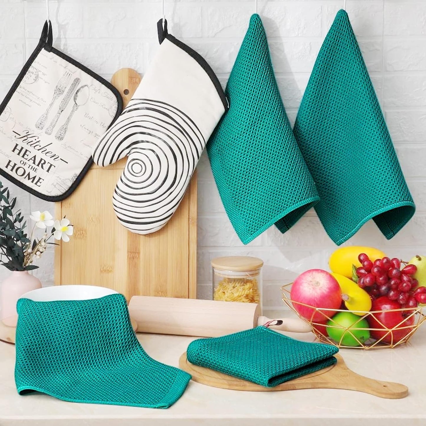 Homaxy 100% Cotton Waffle Weave Kitchen Dish Cloths 8-Pack, Teal | 12 x 12 Inches, Ultra Soft Absorbent Dish Towels