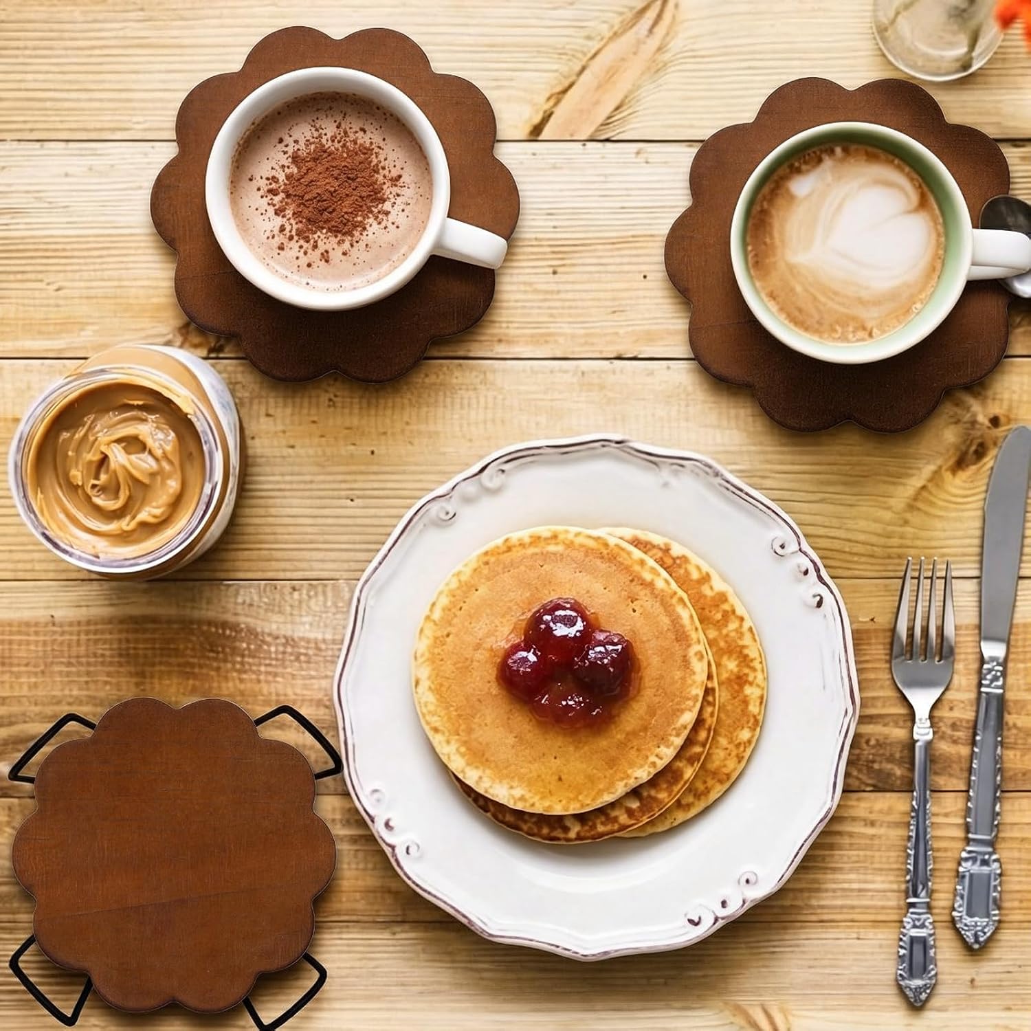 Scalloped Wooden Coasters Wood Color Round Stackable Drink / 3.9 Inch / Classic / Natural / Set of 6