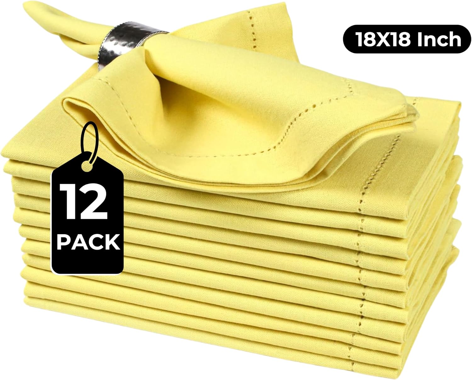 Bedding Craft Hemstitched Cotton Cloth Dinner Napkins Set of 12 – 18x18 Golden Kiwi – Reusable Machine Washable Fabric