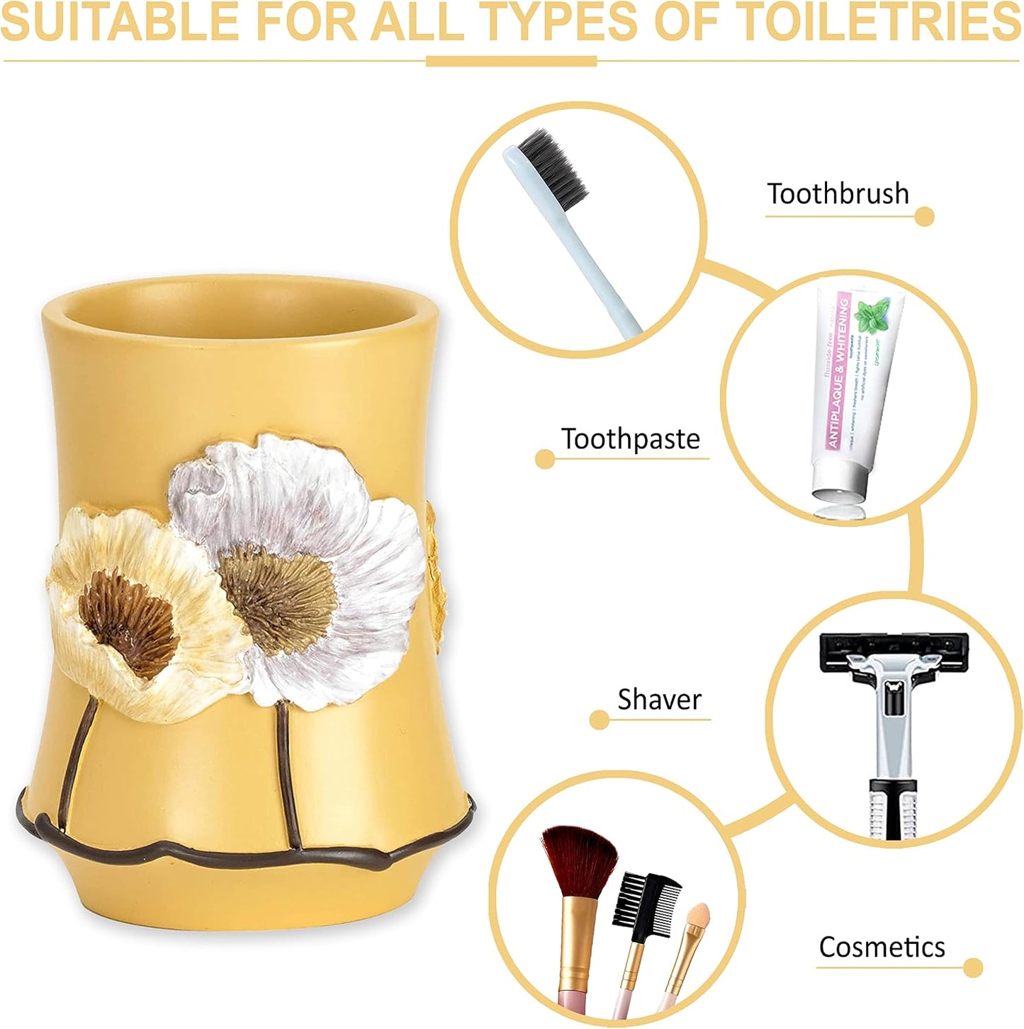 Zahari Home 4pc Poppy Fields Yellow Bathroom Accessories Set Hand Soap Dispenser, Tumbler, Tooth Brush Holder and Soap