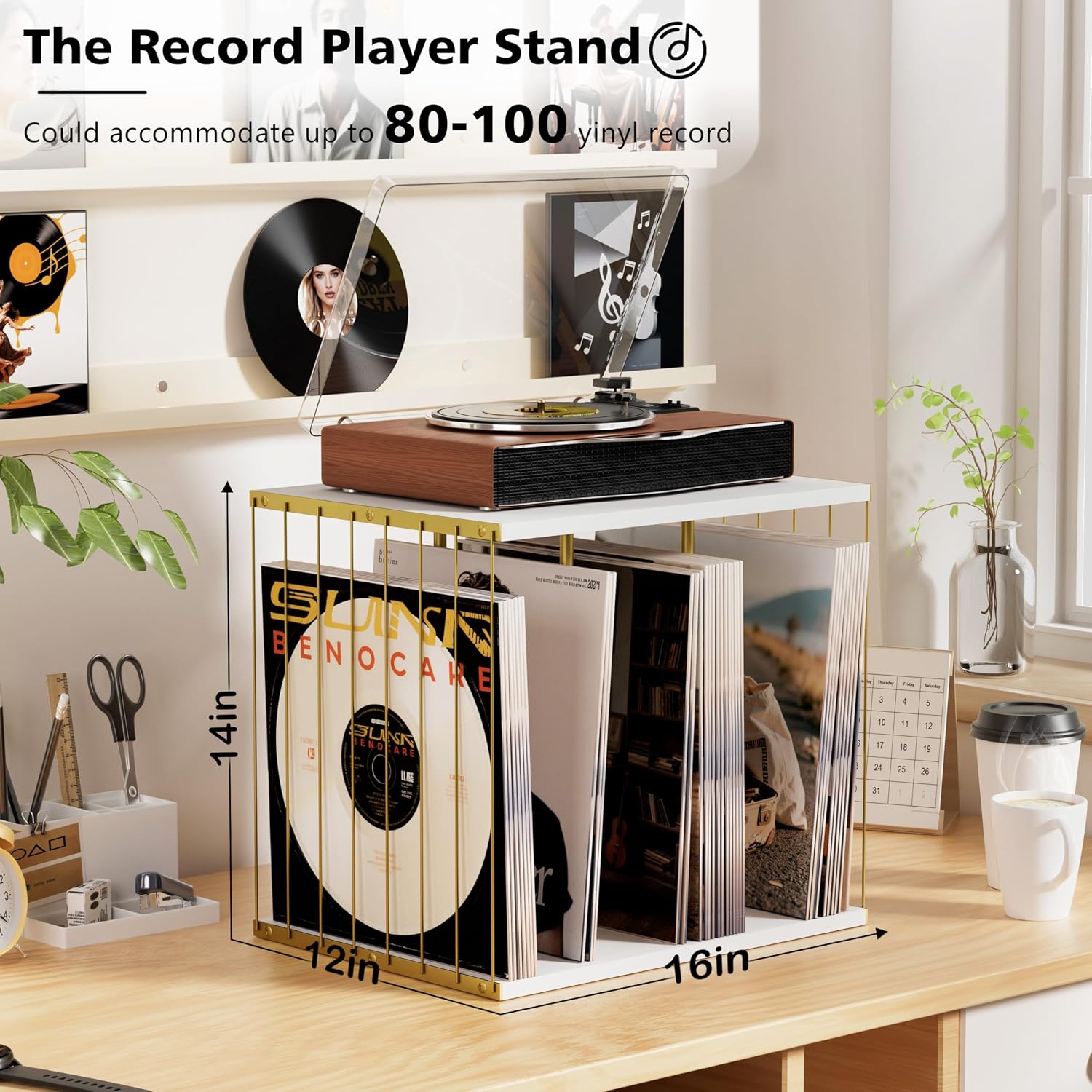 Emfogo Vinyl Record Storage, Metal & Wooden Vinyl Record Holder Up to 80 Album, 3-Compartment Record Player Stand for