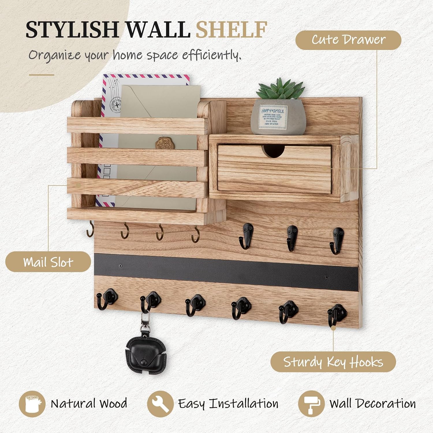 13 Hooks / Key Holder Wall Mount / Wood
