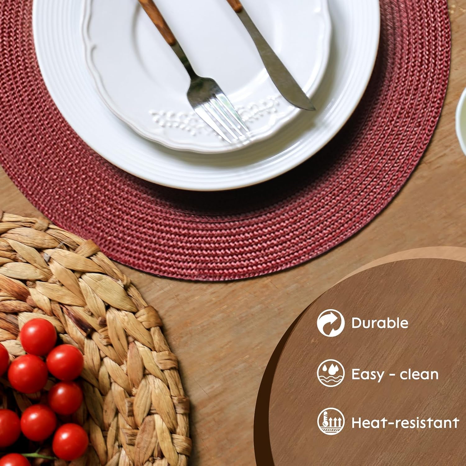 FunWheat Round Braided Placemats Set of 8 Table Mats for Dining Tables Woven Washable Non-Slip Place mats 15