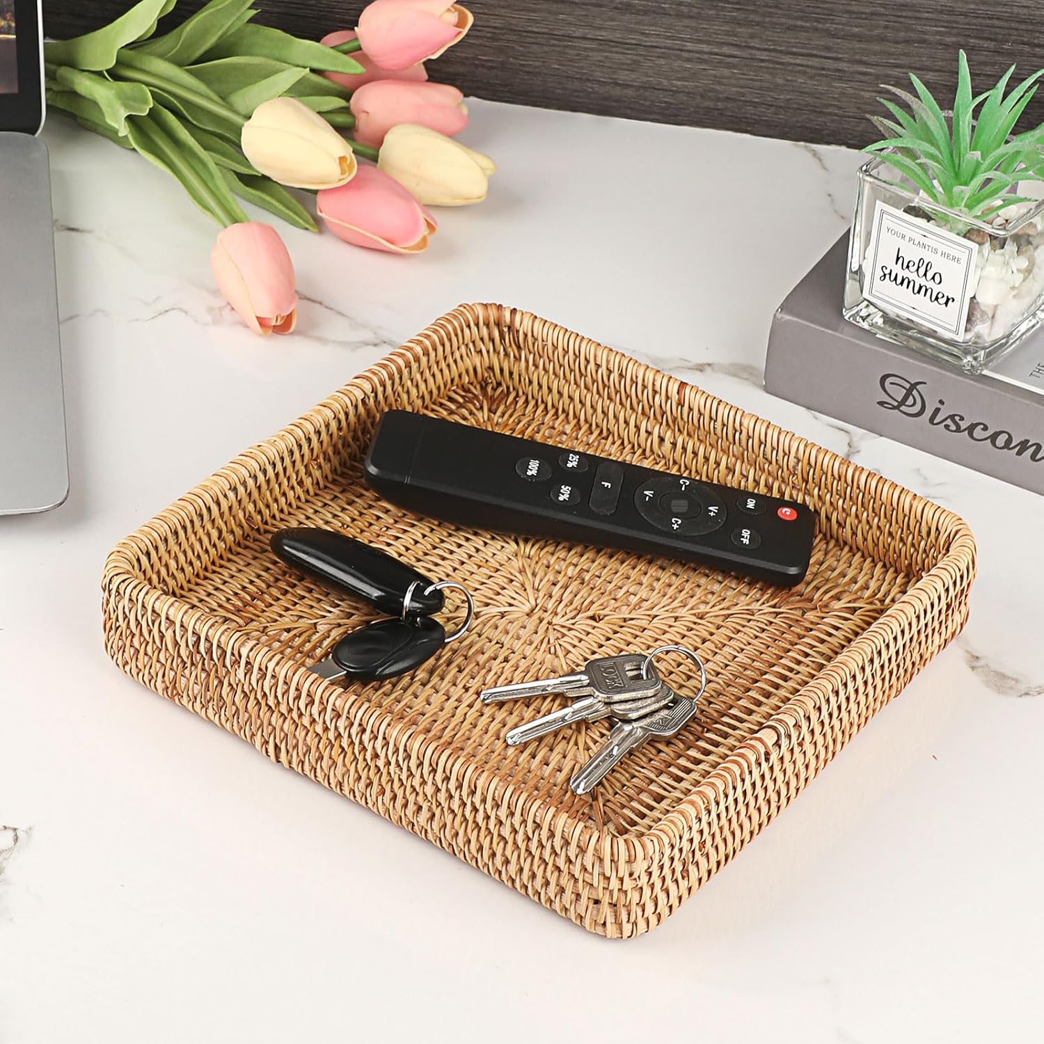 Key Basket Tray for Entryway Table Rattan Serving Tray Handwoven / 8.1 x 8.1 x 1.4 / Natural Color