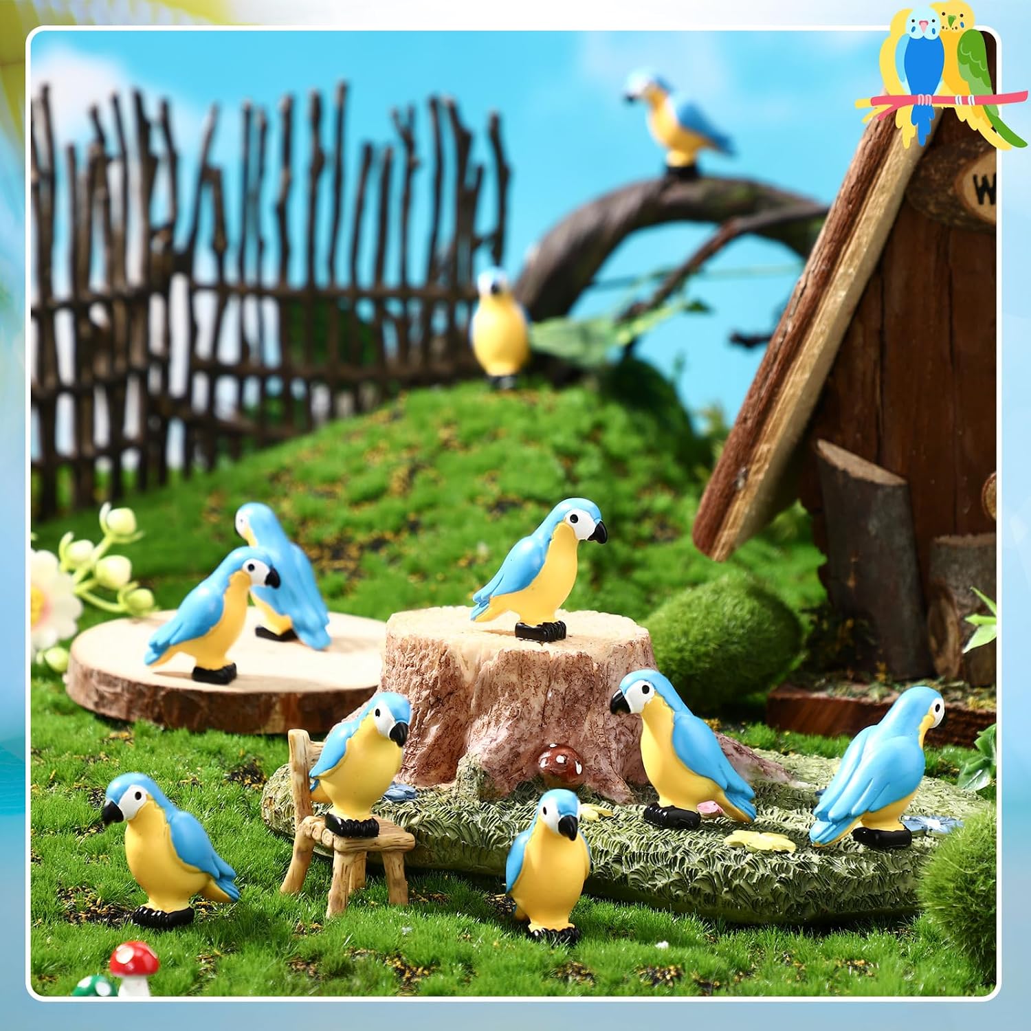 Miniature Tropical Parrot Figurines Resin Parrot Statue Tiny Bird Figurines Fairy / Blue / Set of 24