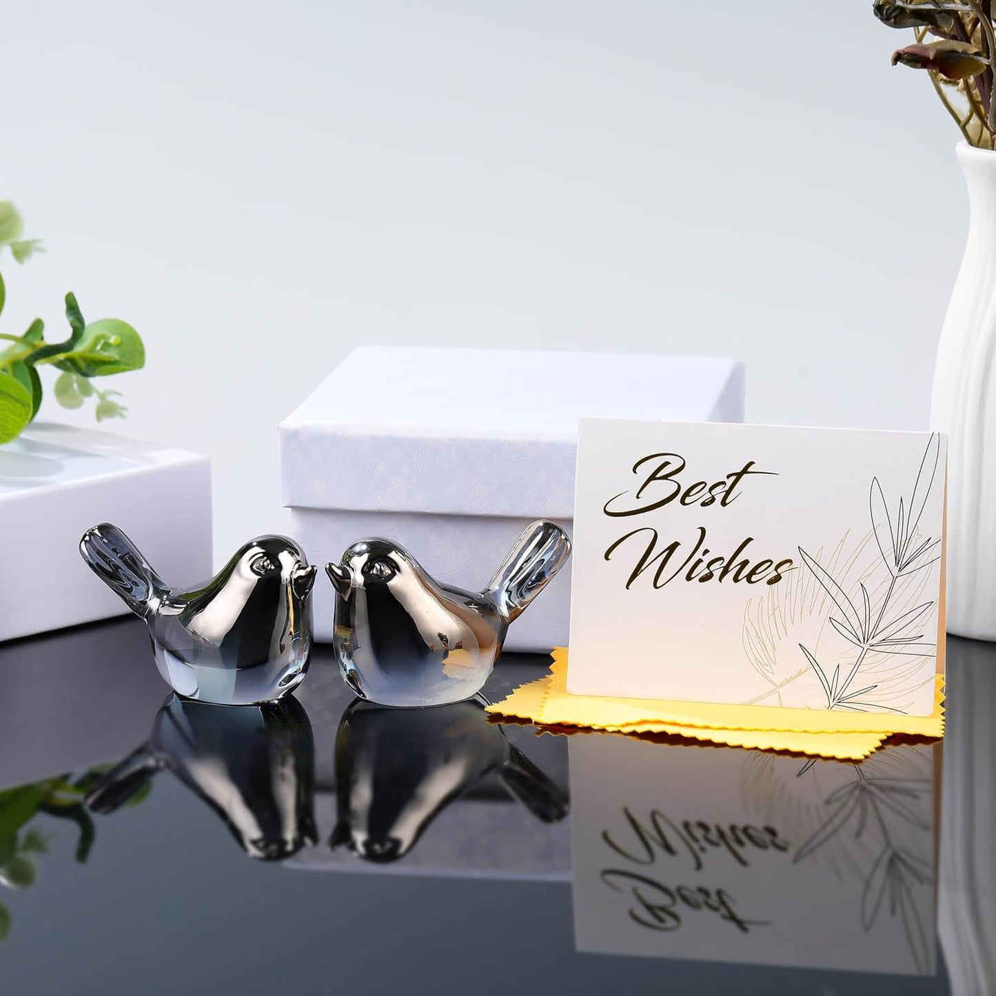 Handmade Blown Glass Birds Animals Figurines Crystal Office Desk Table / Grey / Set of 2
