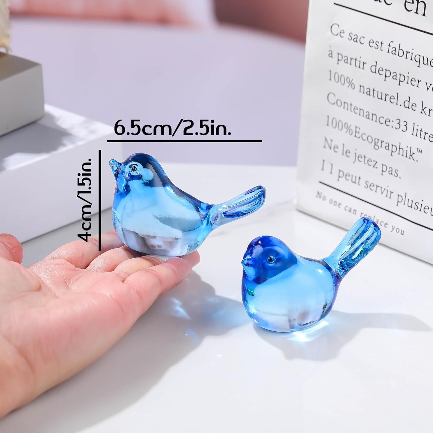 Handmade Blown Glass Birds Animals Figurines Crystal Office Desk Table / Sky Blue / Set of 2