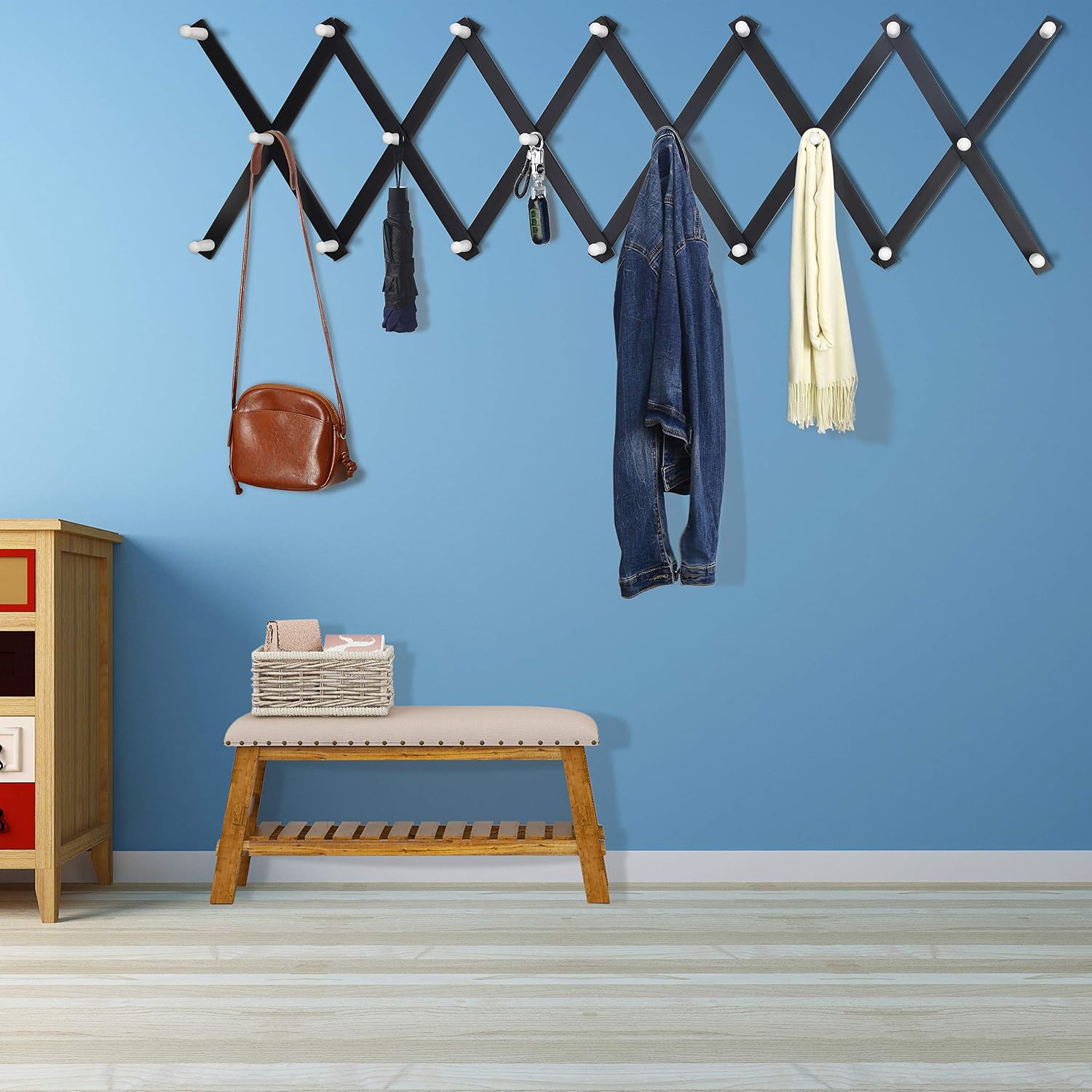 Accordian Wall Hanger: 16” High Wooden Wall Expandable Coat Rack, Hat Rack Holder, Accordion Hook for Baseball Caps