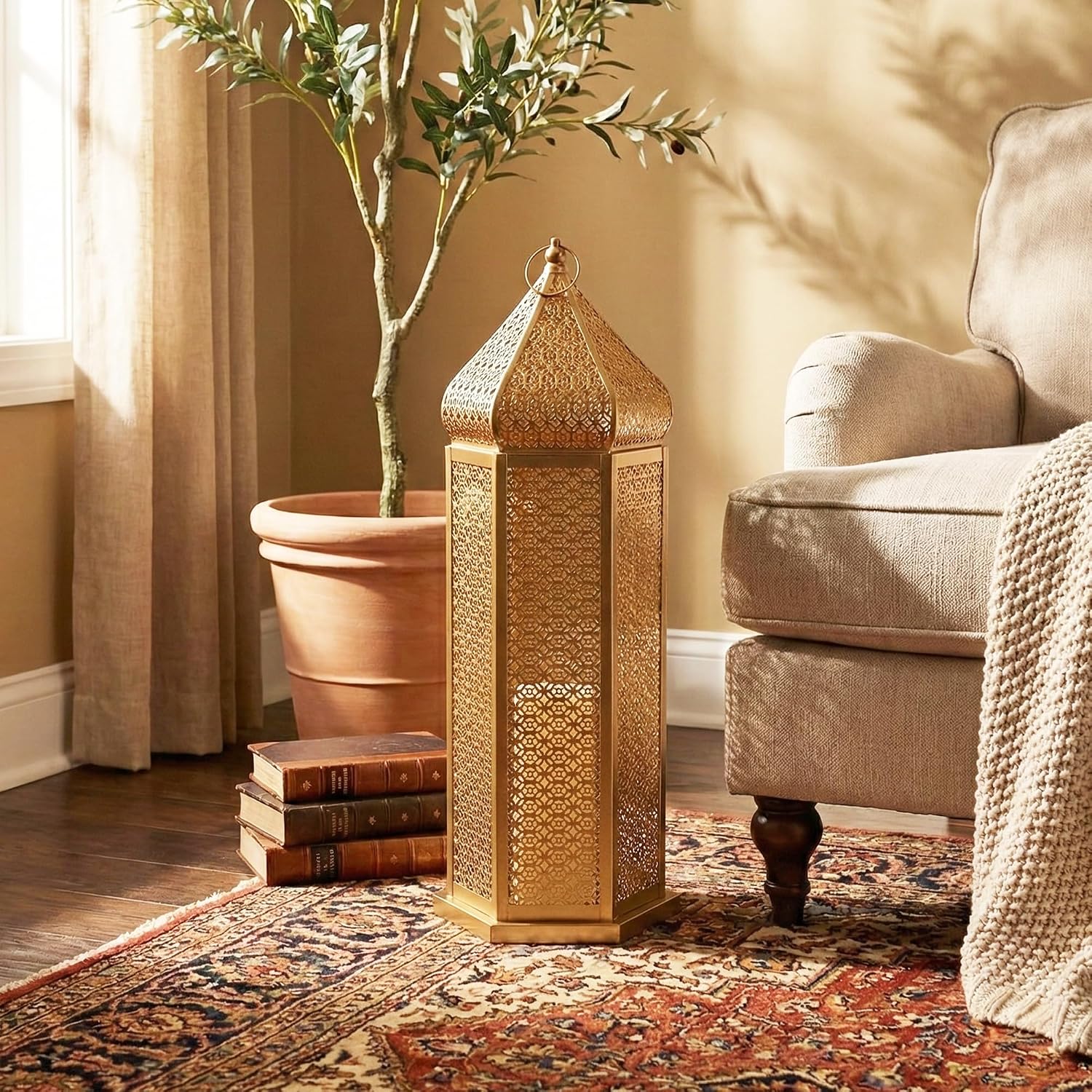 Vela Lanterns Decorative Indoor Gold Moroccan Floor Lantern, Extra Large | Big Moroccan Candle Holder Lamp, Golden