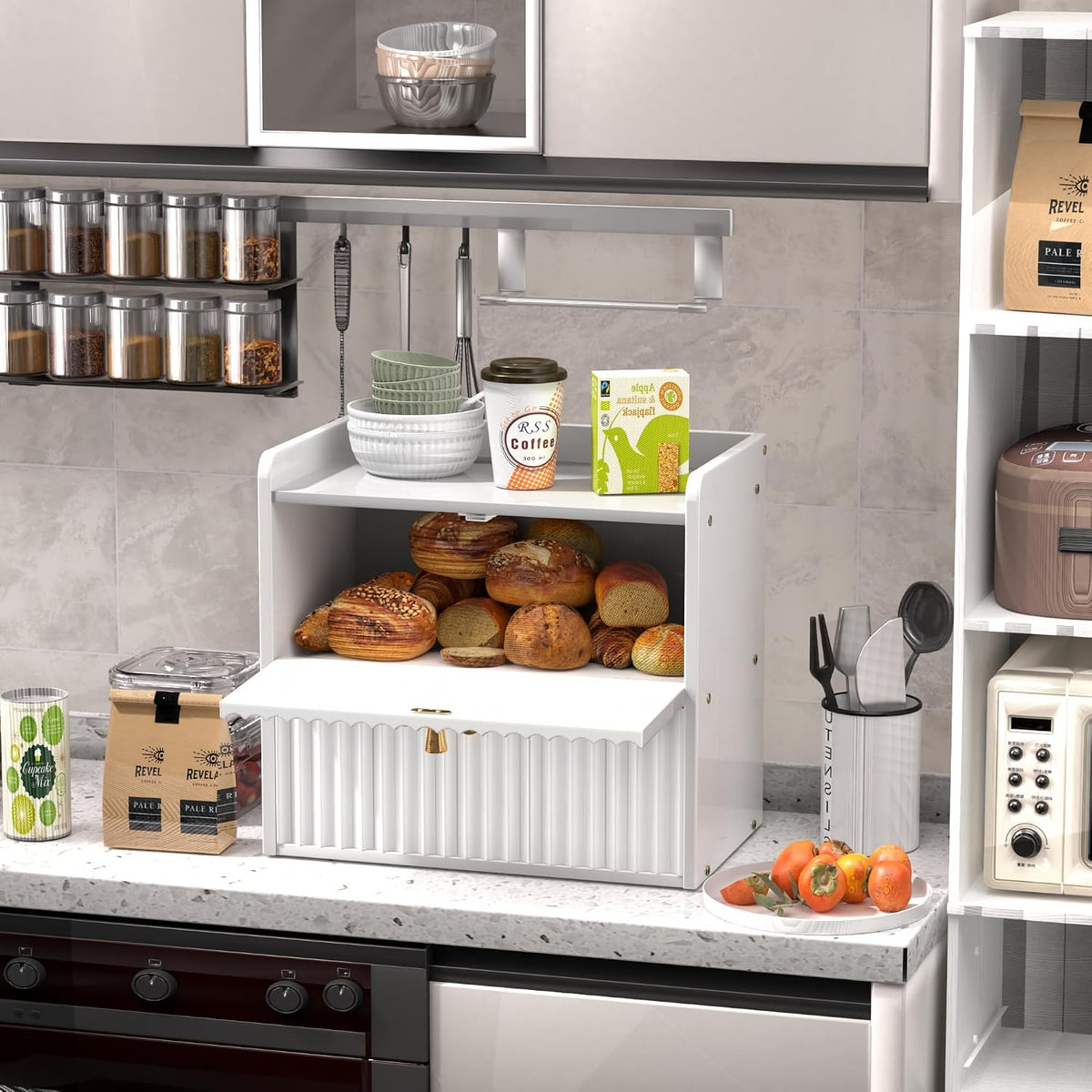 Bread Box for Kitchen Countertop, Large Bread Storage Container for Homemade Bread, Double Layer Farmhouse Breadbox