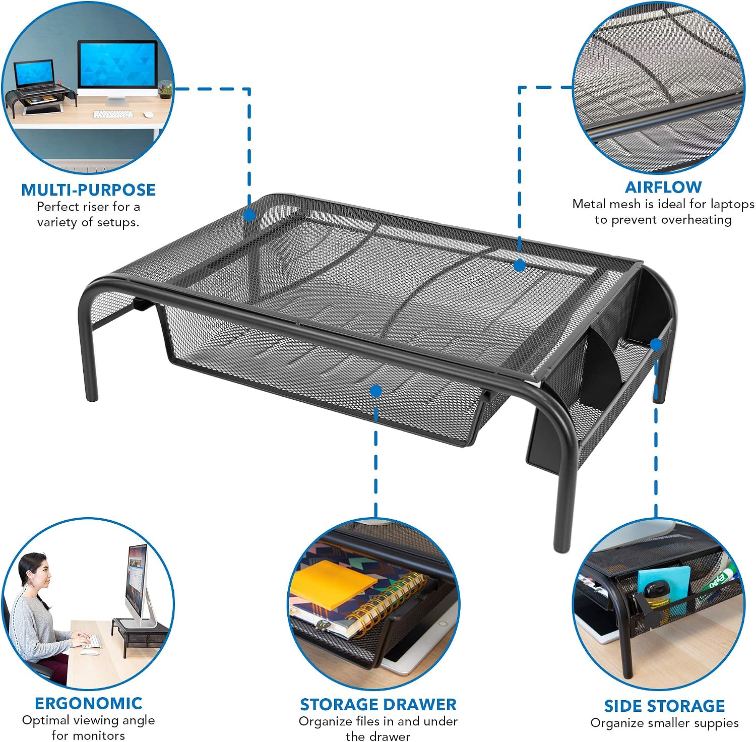 Mount-It! Metal Mesh Monitor Stand with Drawer, Ergonomic Desk Organizer and Riser for Monitors and Laptops, Desktop