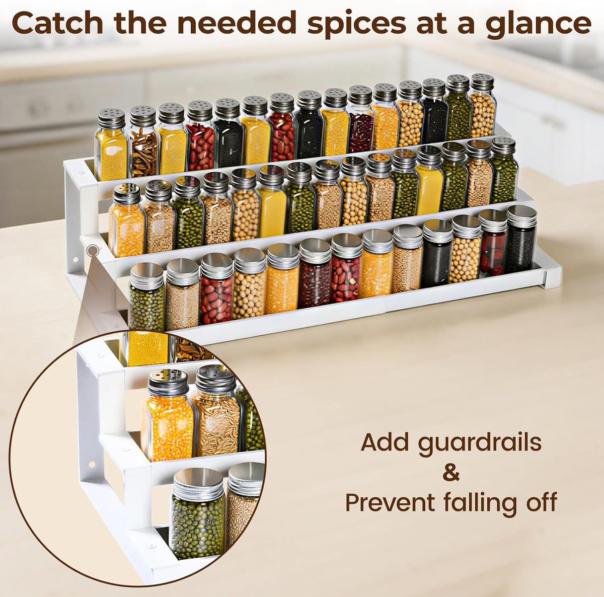 3-Tier Spice Rack Organizer for Kitchen Cabinet or Pantry, 16"-29" Expandable Spice Organization Shelf, Seasoning