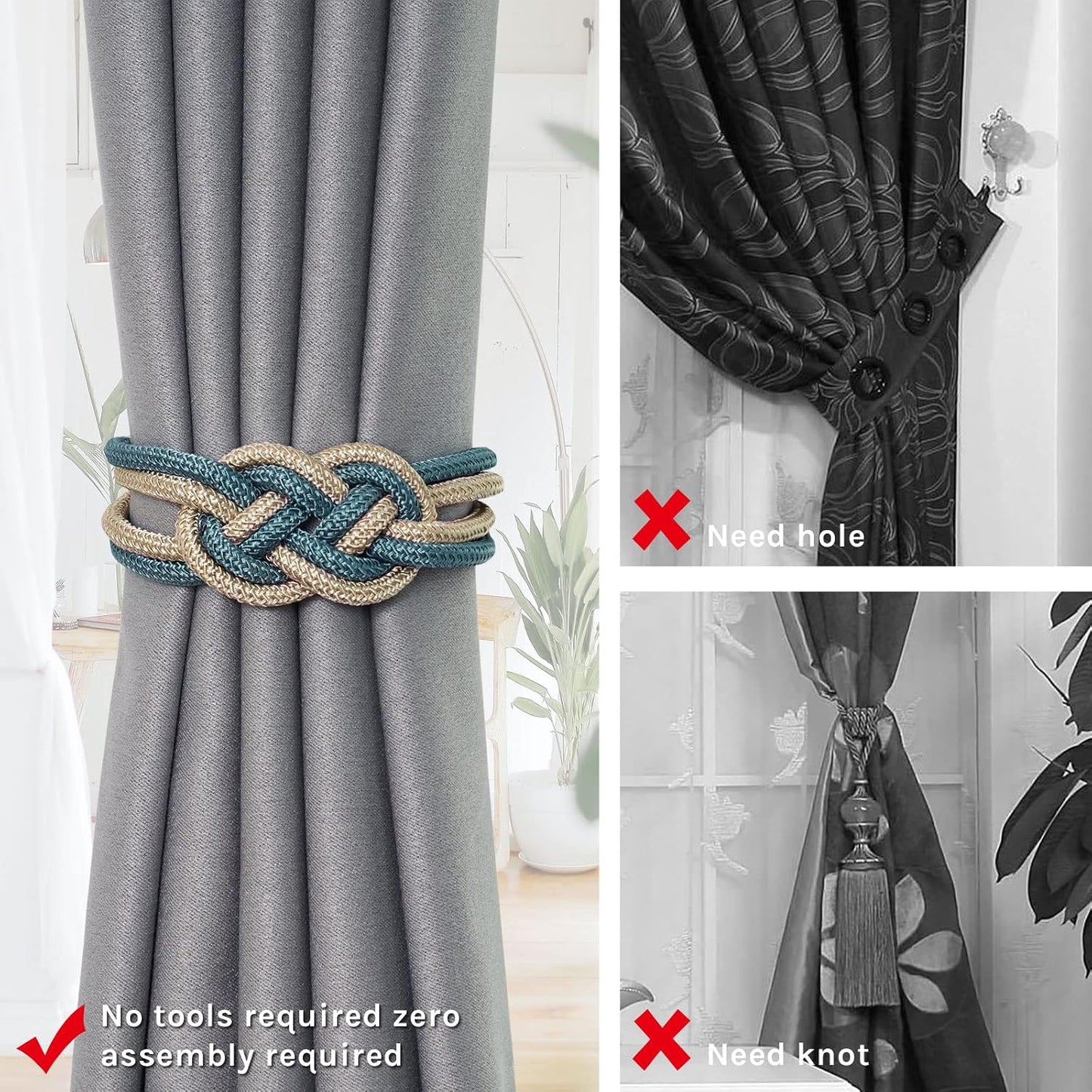 NICEEC 4 Pack Strong Magnetic Curtain Tiebacks Upgrade Nordic Simple Style Drape Tie Backs Double Color Weave Rope Knot