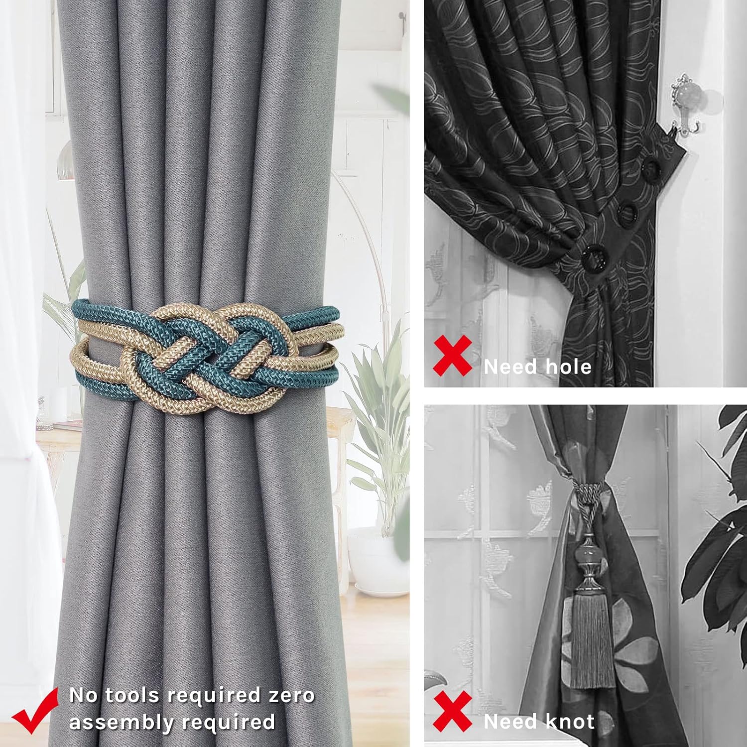 NICEEC 4 Pack Strong Magnetic Curtain Tiebacks Upgrade Nordic Simple Style Drape Tie Backs Double Color Weave Rope Knot