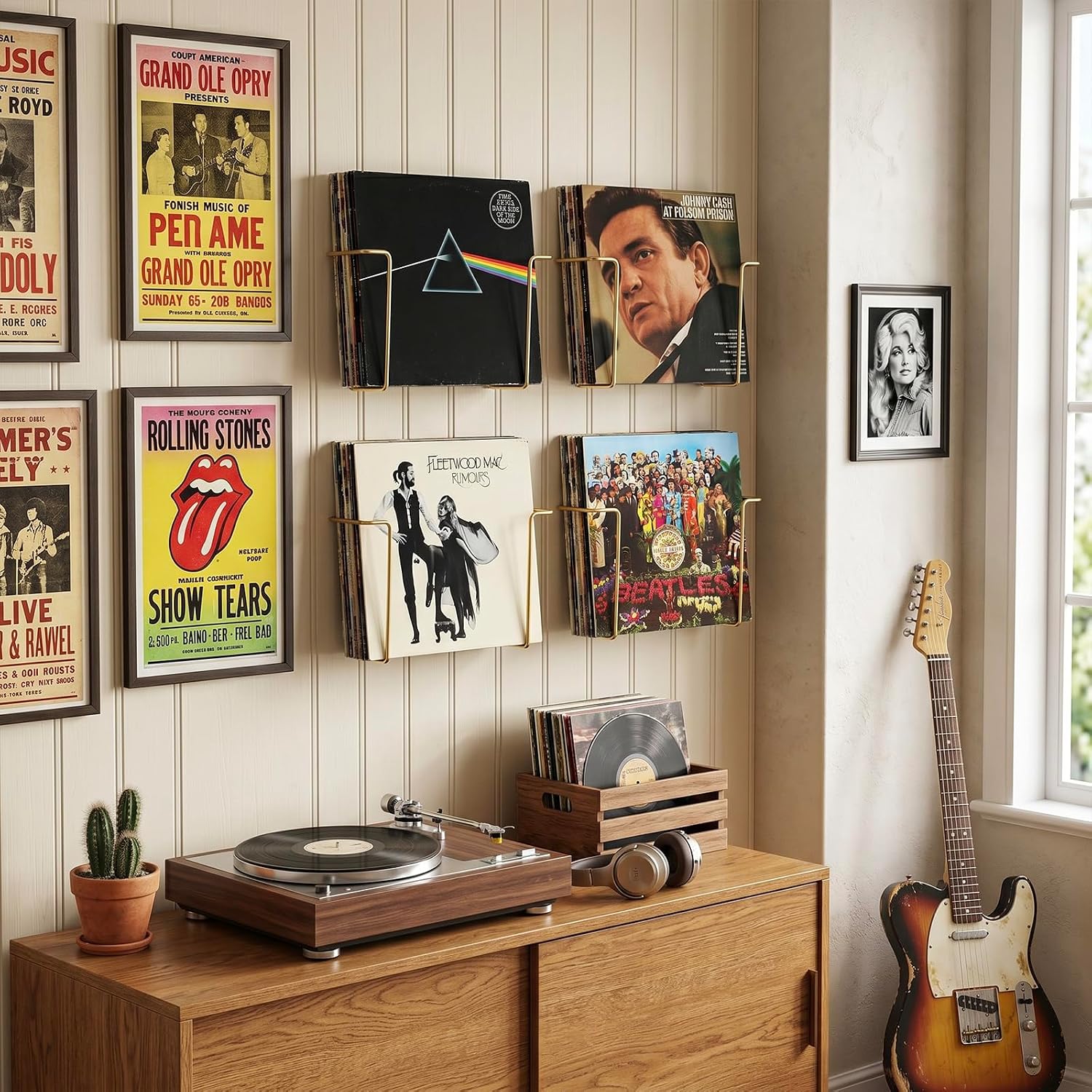 MyGift Brass Metal Vinyl Record Wall Rack Set of 4, LP Display Shelf | Wall Mounted, Wire Construction, Modern Hanging
